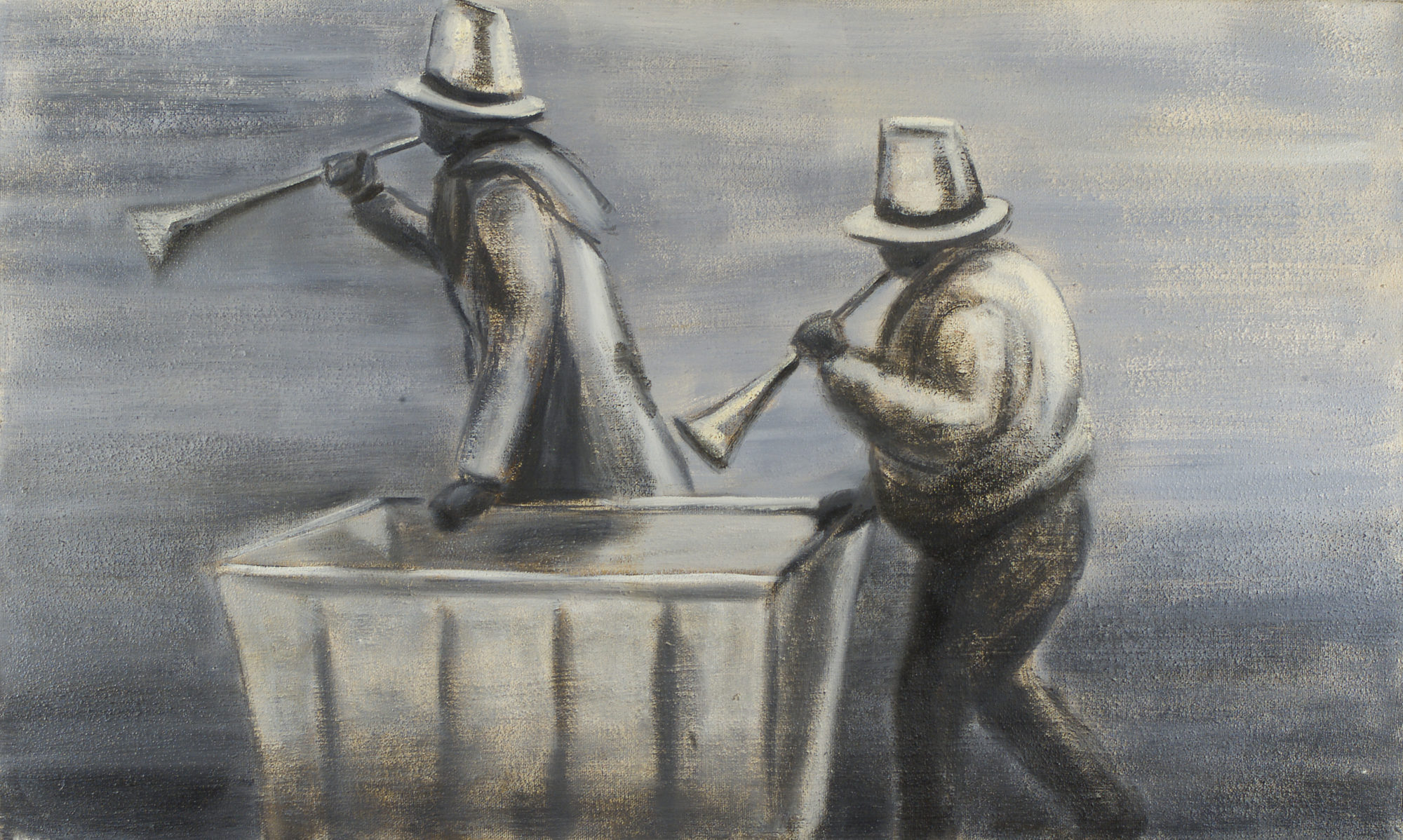 A grayscale oil painting of two men in hats blowing horns and pushing a cart