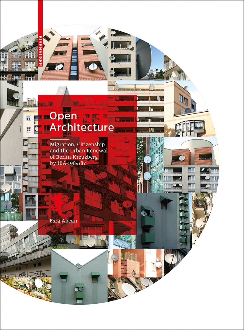 image of a book cover. title centered on a red square with image of buildings layered behind it.
