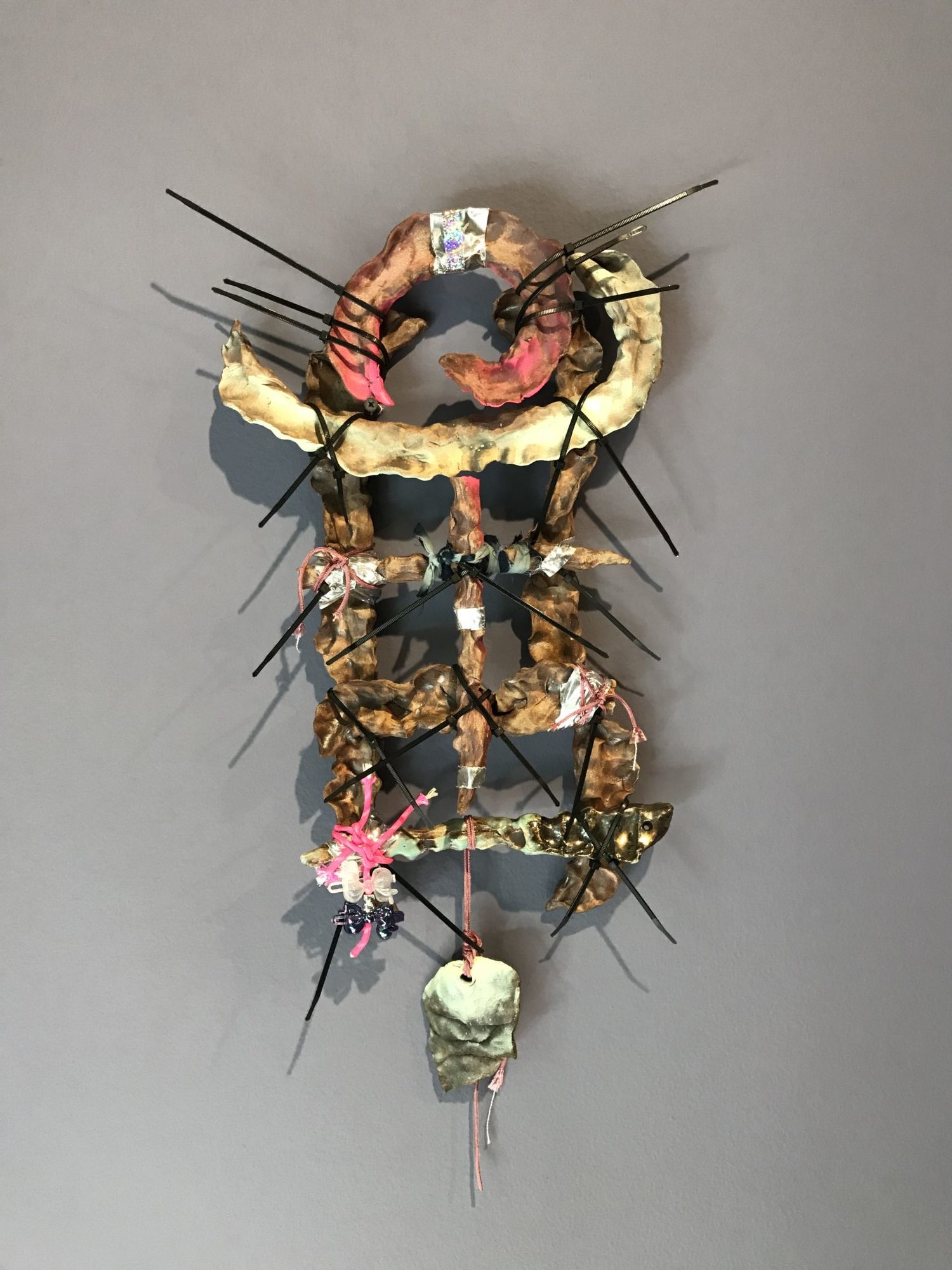 wall sculpture composed of brown, pink, yellow and green organic materials with black zip-ties attacked it it, hanging on a gray wall
