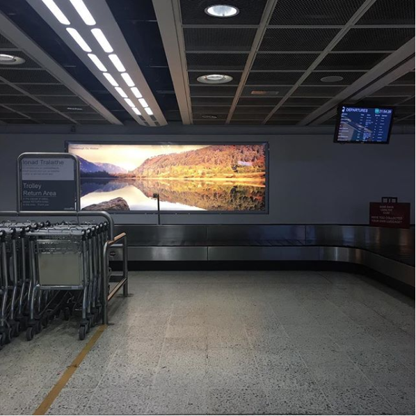 a colorful ad, dim fluorescent lights in a baggage claim terminal with luggage carts parked on the side of the frame