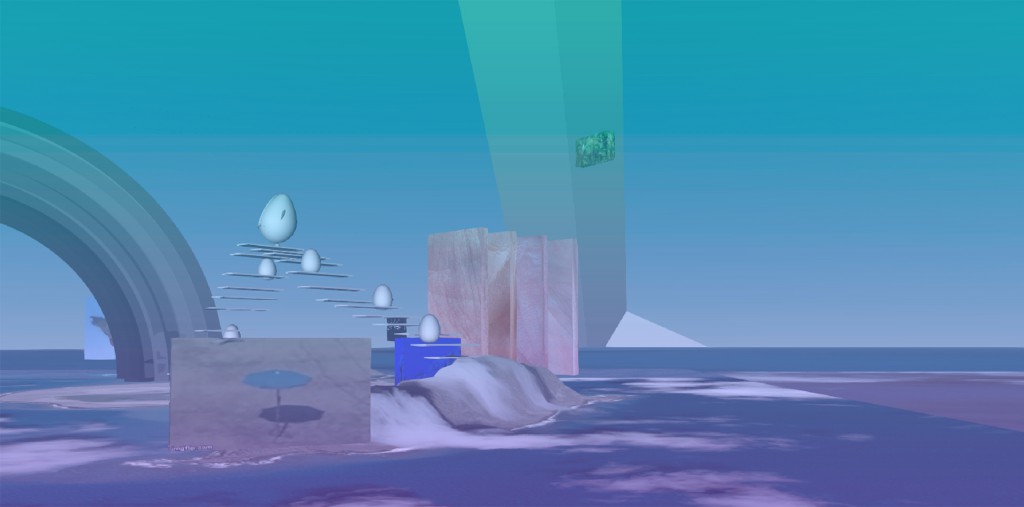 simulated ocean scene with an panel image of a blue umbrella, floating stairs, and a blue pillar going into the sky