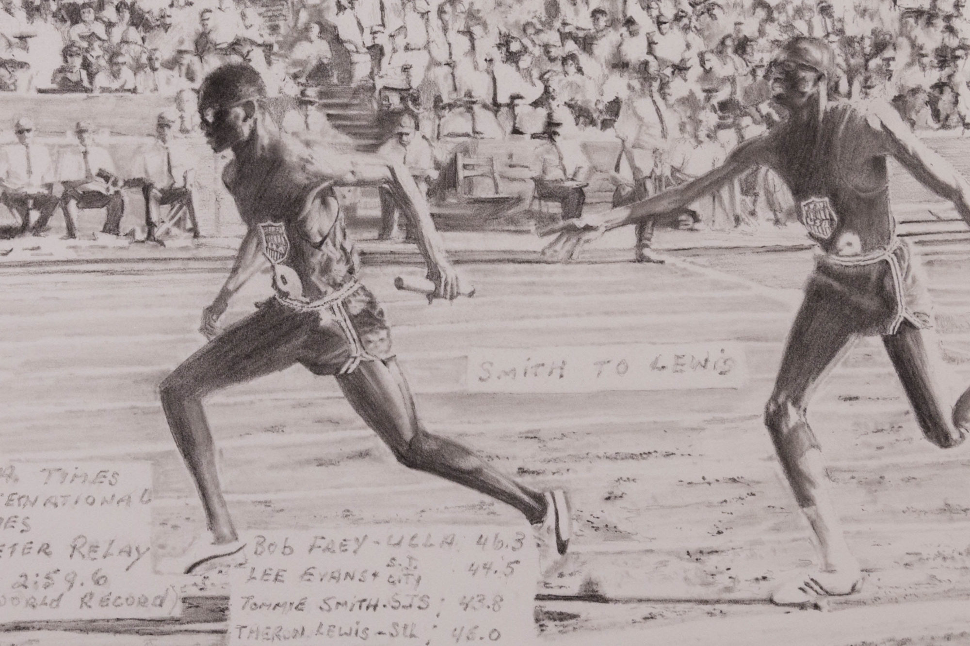 grayscale image of track runners passing the baton