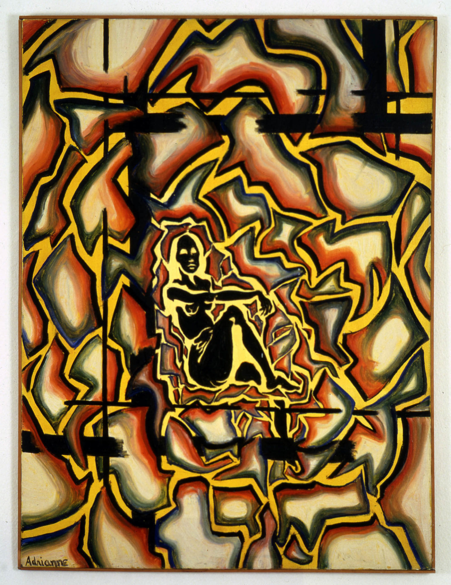 A painting of a nude woman rendered simply in black and yellow. Zig-zag, lightning bolt-like lines of yellow/red emanate outward from her.