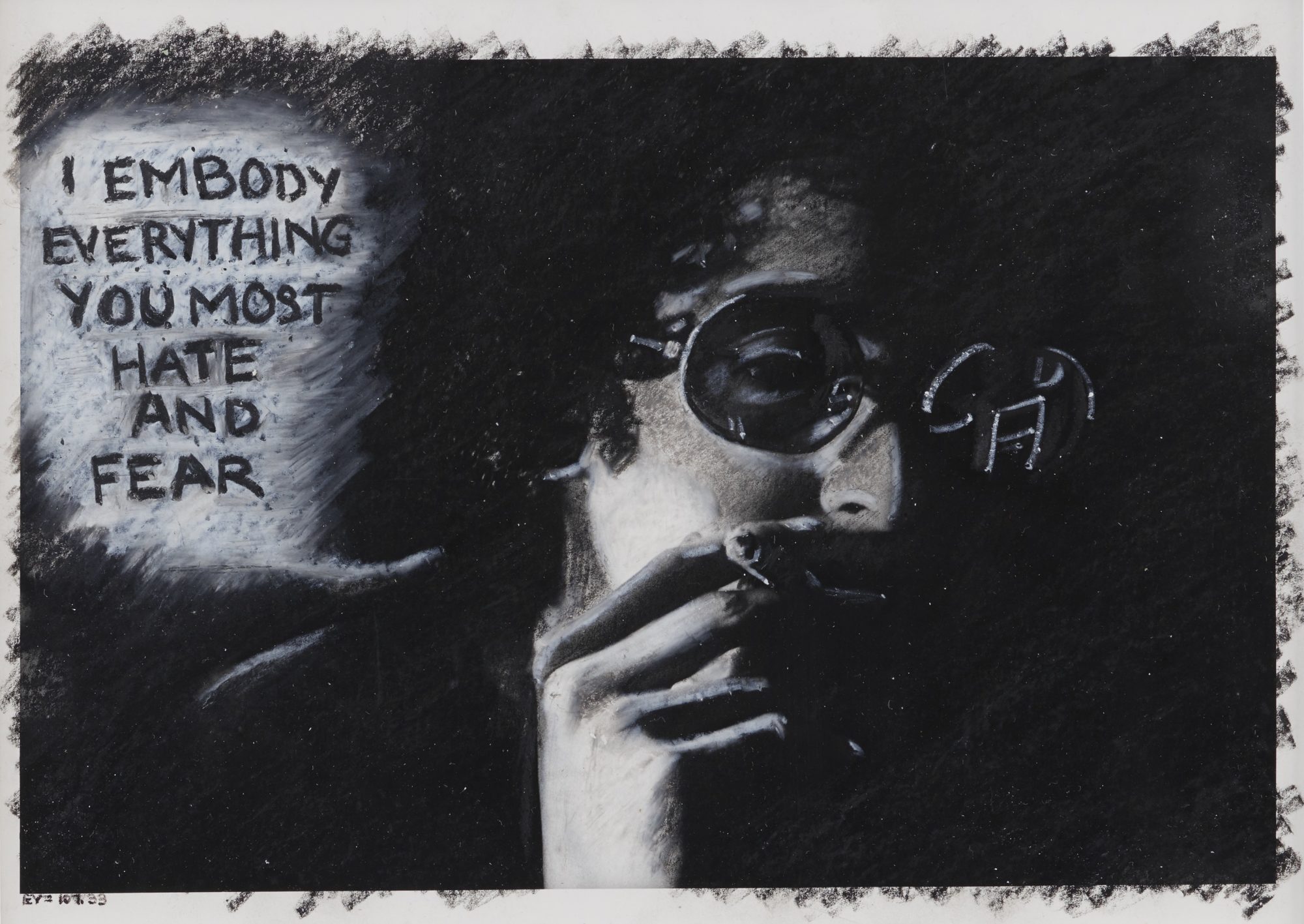 A grayscale crayon drawing of a man in sunglasses smoking a cigarette. A speech bubble besides his head reads, 
