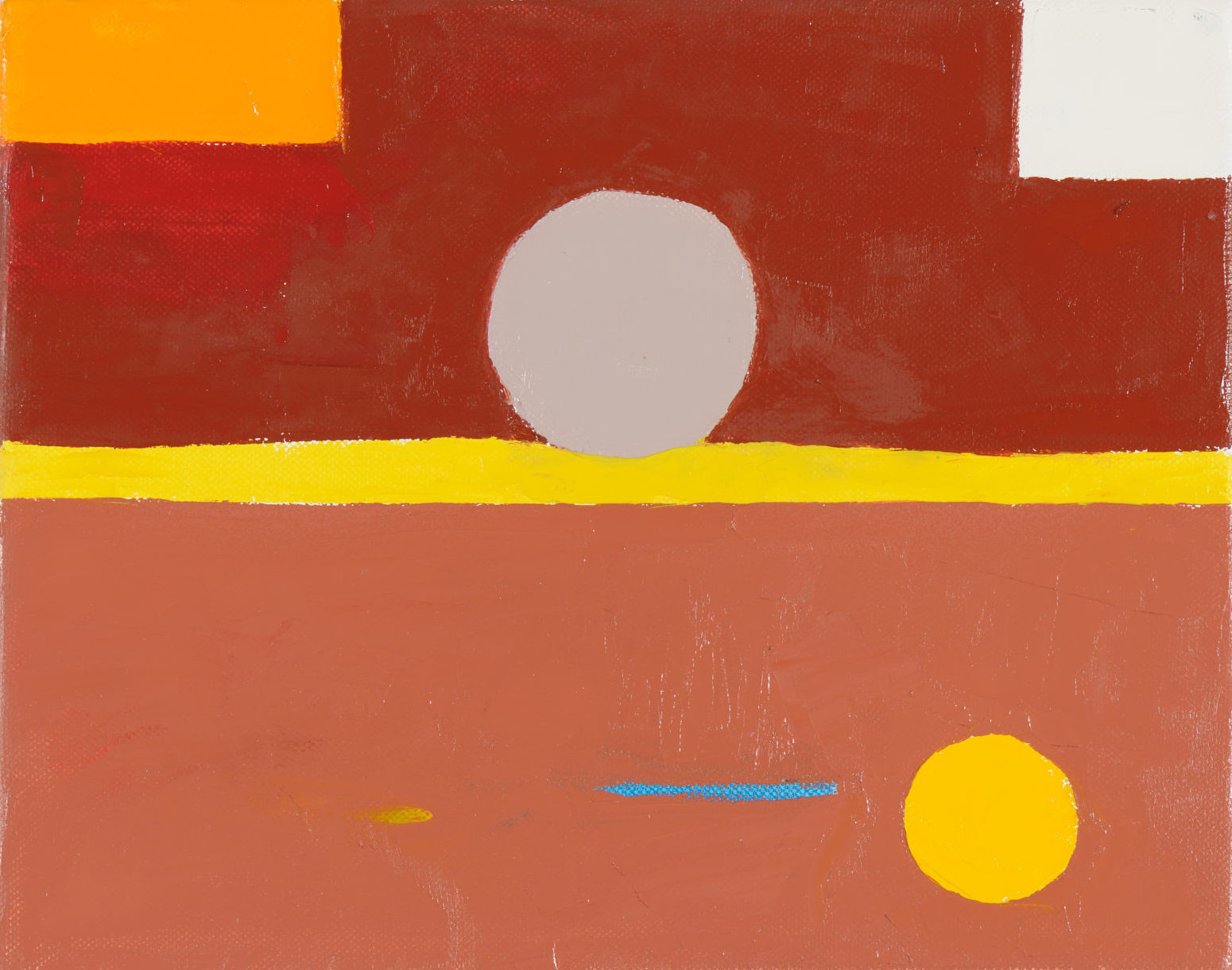 An abstract oil painting in shades of red, yellow, and orange.