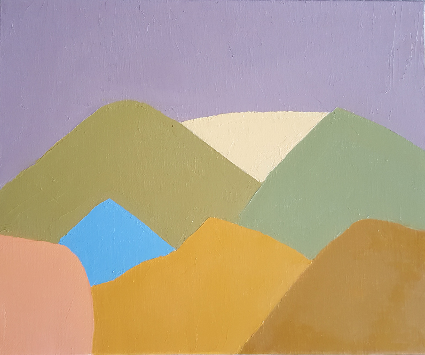 A geometrically-abstracted landscape rendered in pastel-hued oil paints.