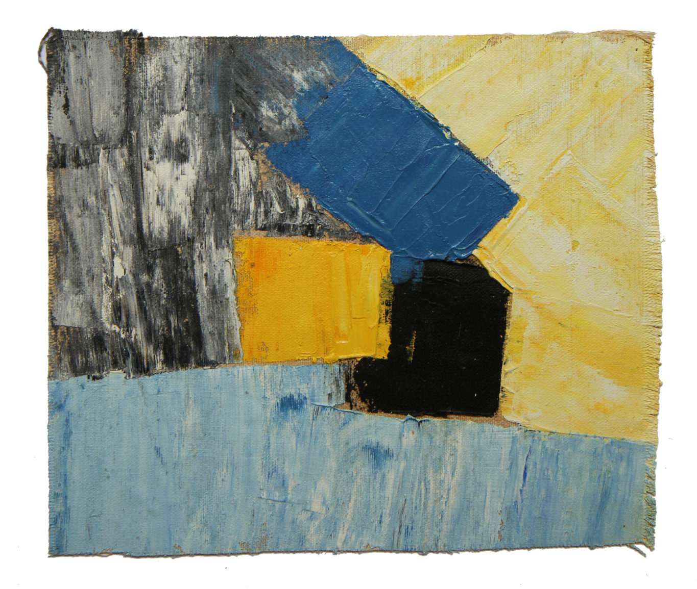 An abstract oil painting comprised of shades of blue, yellow, and grey.