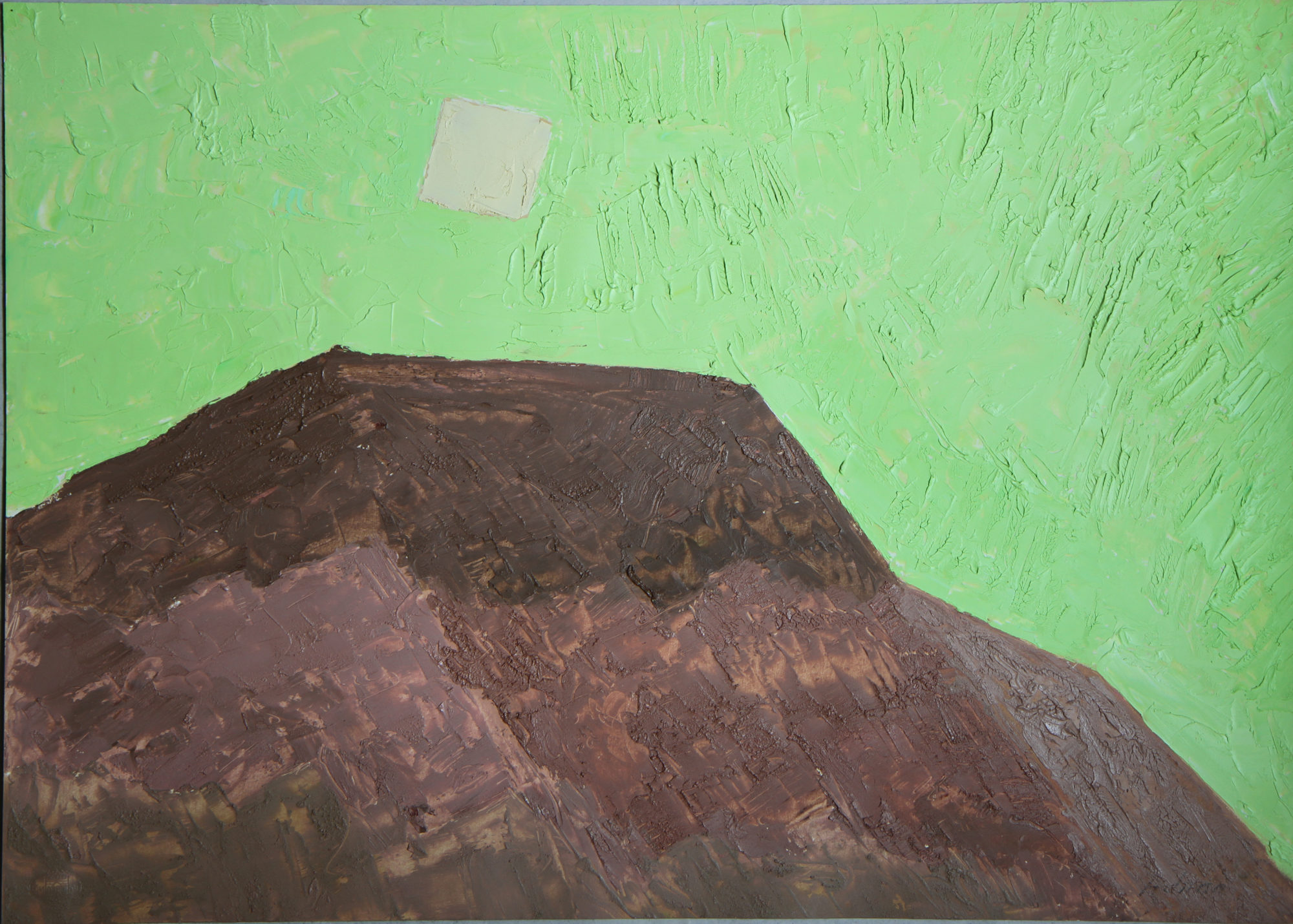 A geometrically abstracted mountain is set against a seafoam green background.