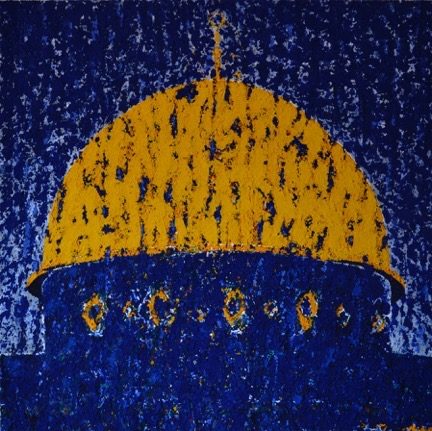 A painting of the dome of a mosque on a rainy night.