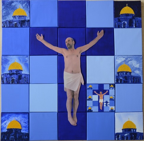 A figure in the position of Christ upon the cross is photoshopped over a 5x5 grid. Some of the squares in the grid feature paintings of a mosque. Some are painted a solid blue.