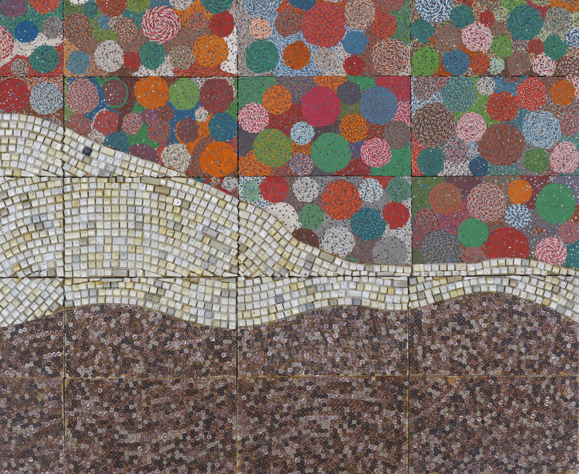 three sections of patterned mosaic designed in curvy layers