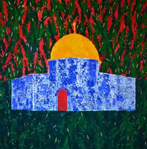 A painting of a mosque set before an olive grove.