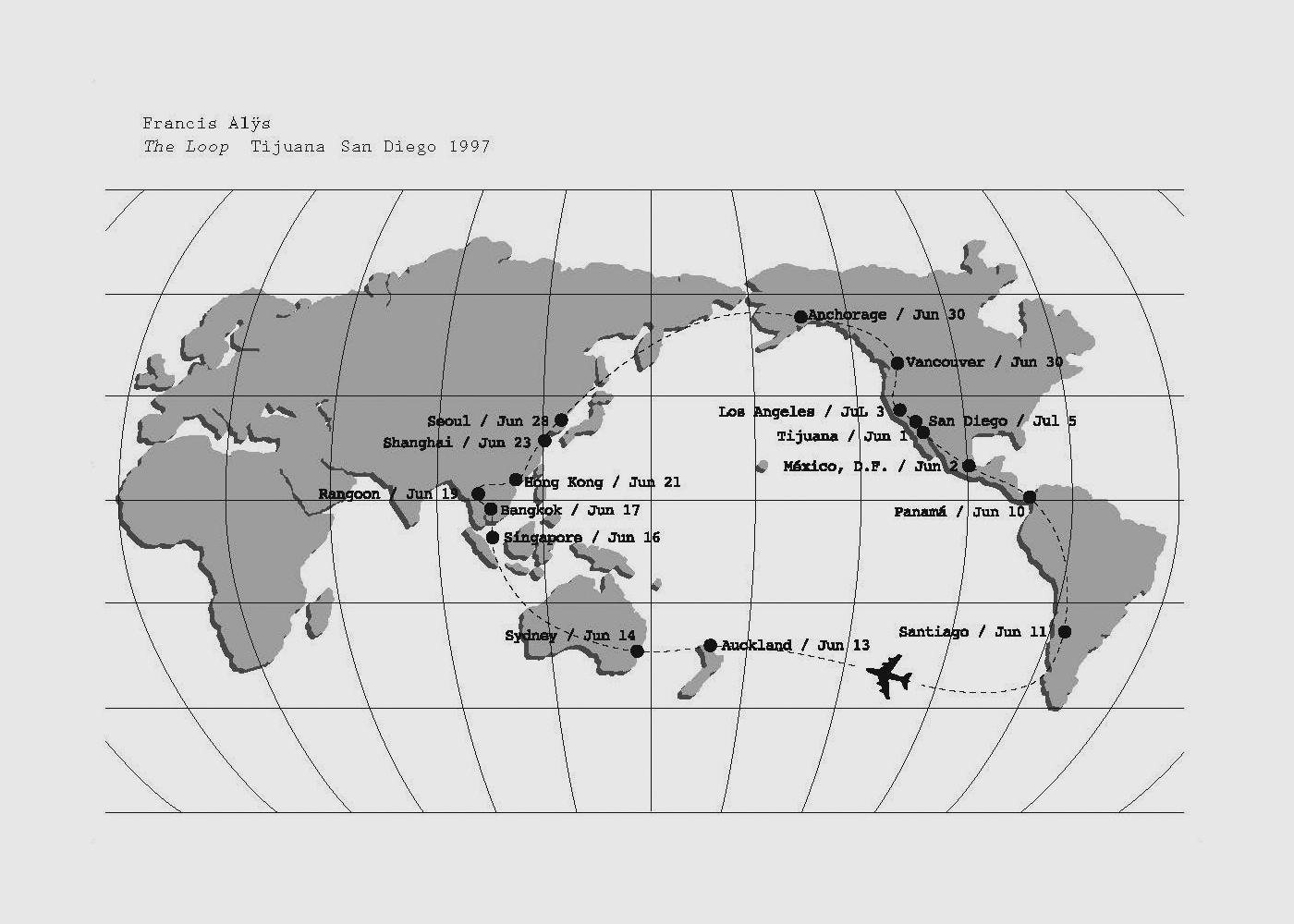 black and white map of the globe with a plane route depicted
