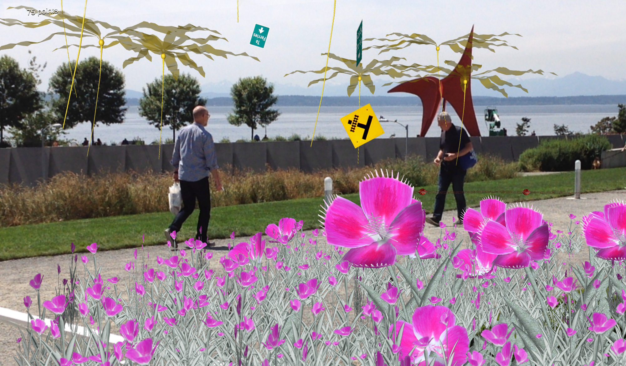 two men walking on a sidwalk by the ocean. in the foreground are computerized bright pink flowers with silver stems