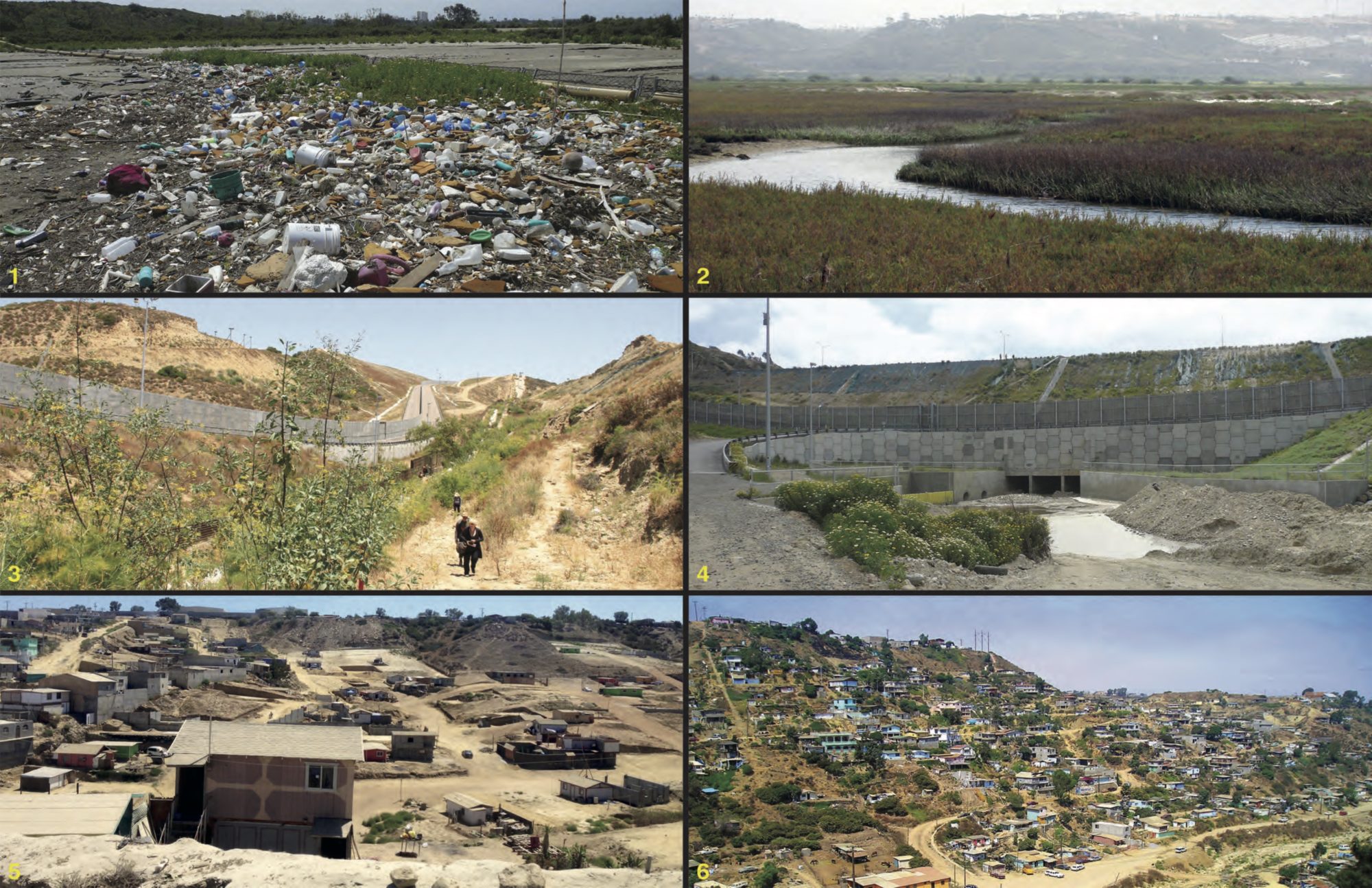 6 photographs of the environment around the US/Mexico border, showing scenes of natural landscapes, homes, trash, roads and walls