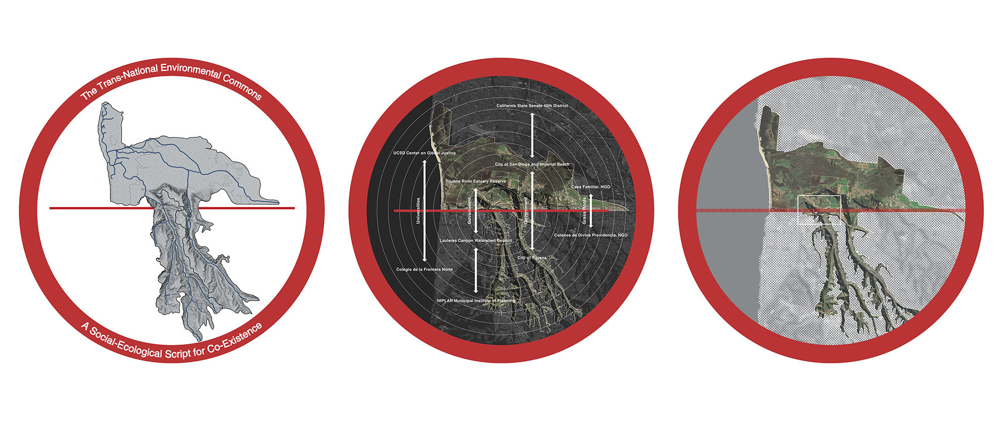 Three circular photos of topography maps