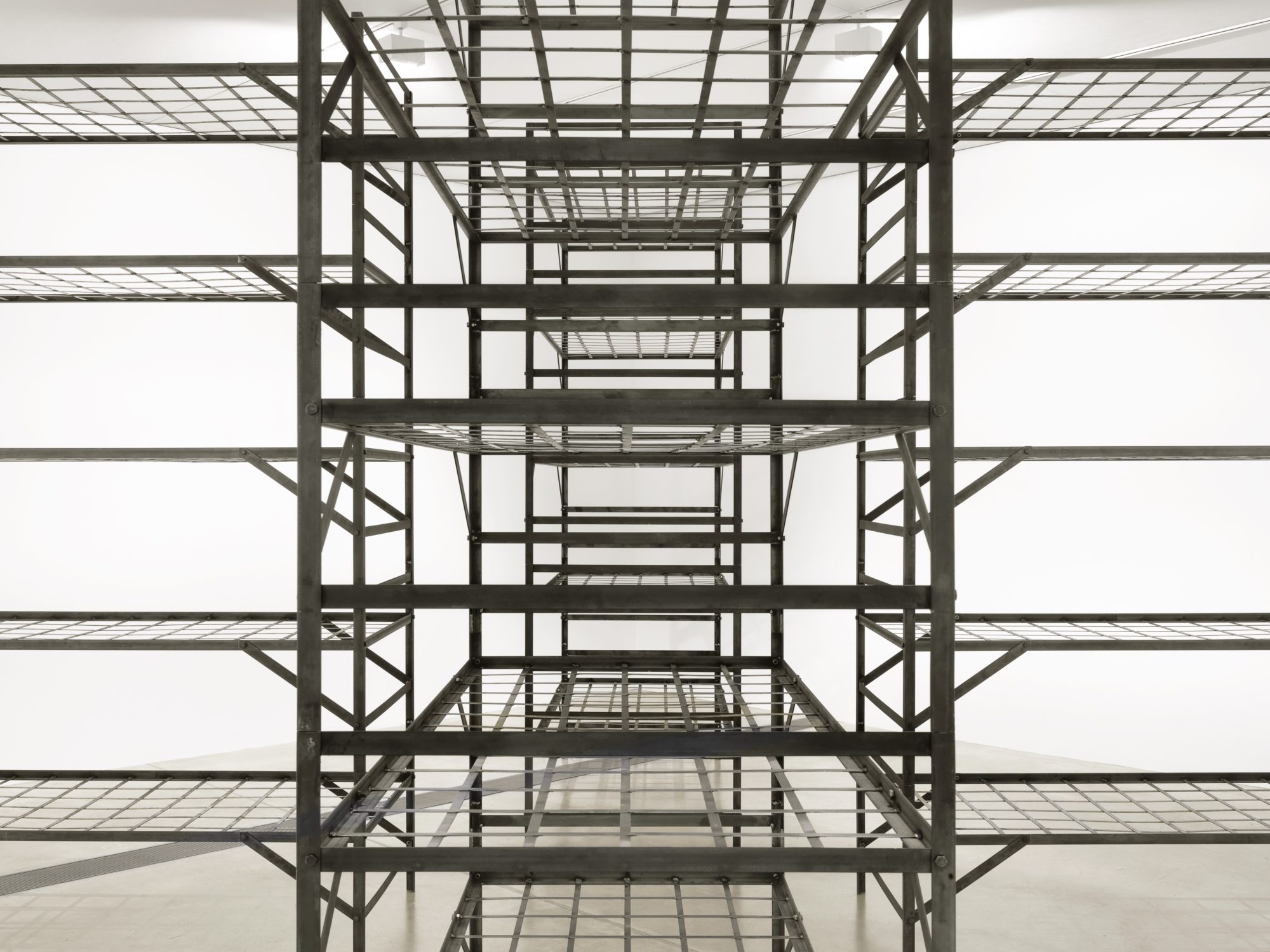 Close-up photo of steel shelf structures taken at eye-level