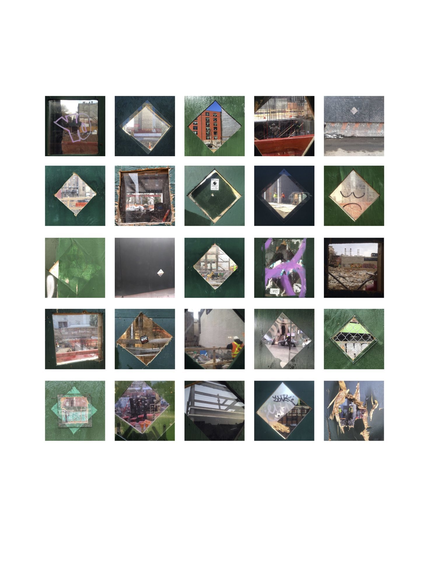twenty-five even squares of images that feature shots of diamond shapes cut into tarp on the fences of construction sites