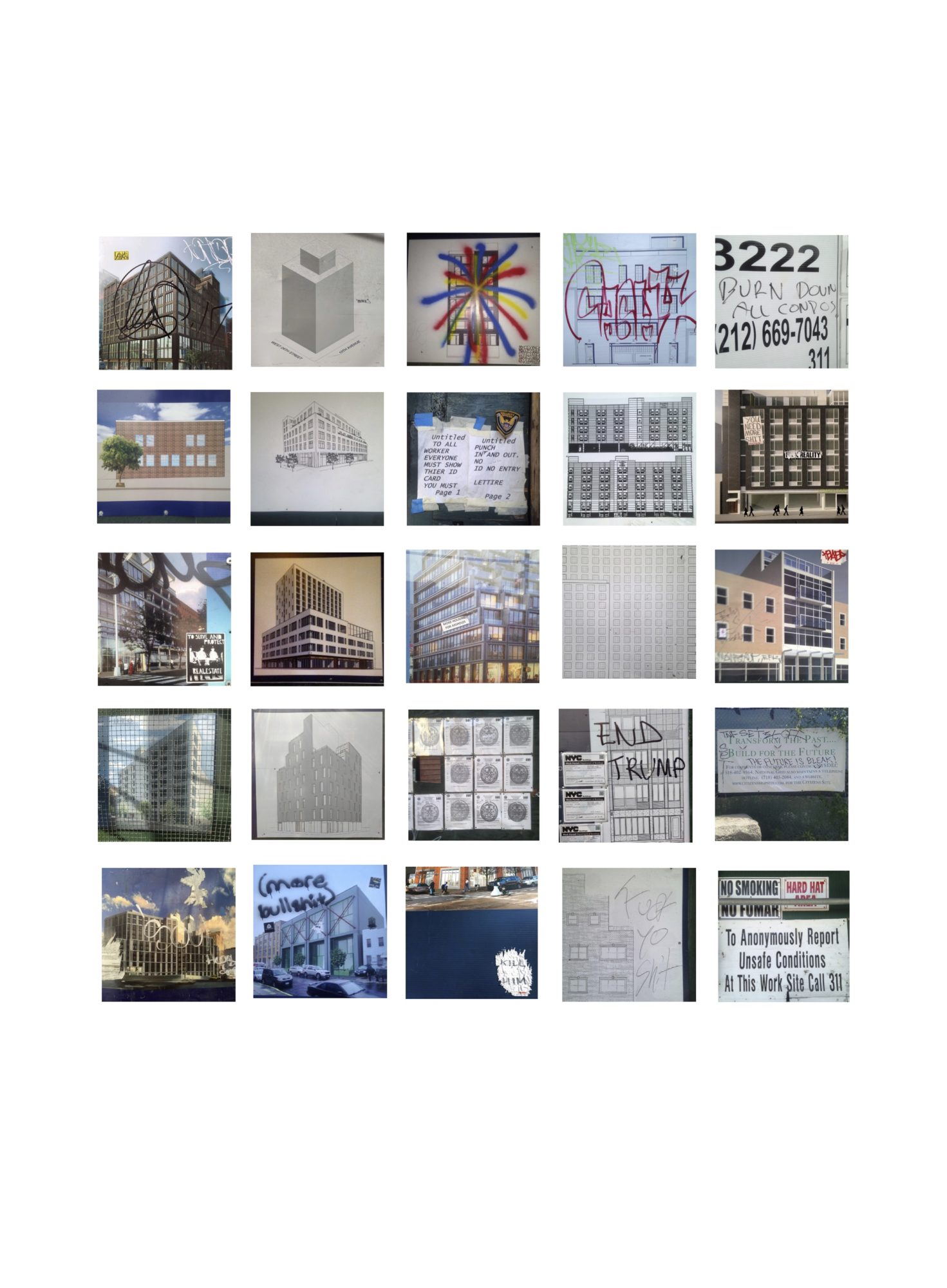 twenty-five even squares of images that feature shots of architecture and grafitti