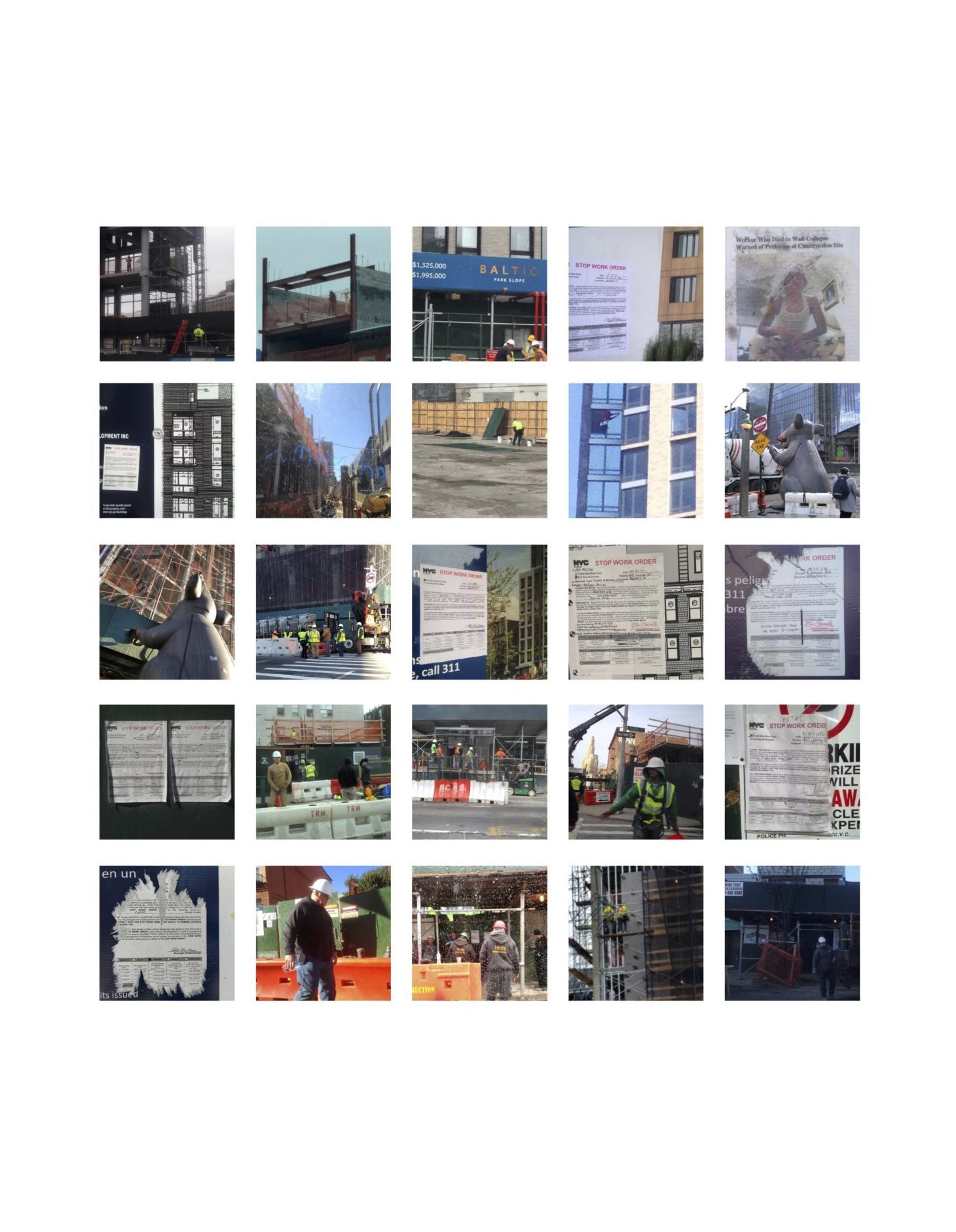 twenty-five even squares of images that feature candid shots of construction workers and and outdoor construction