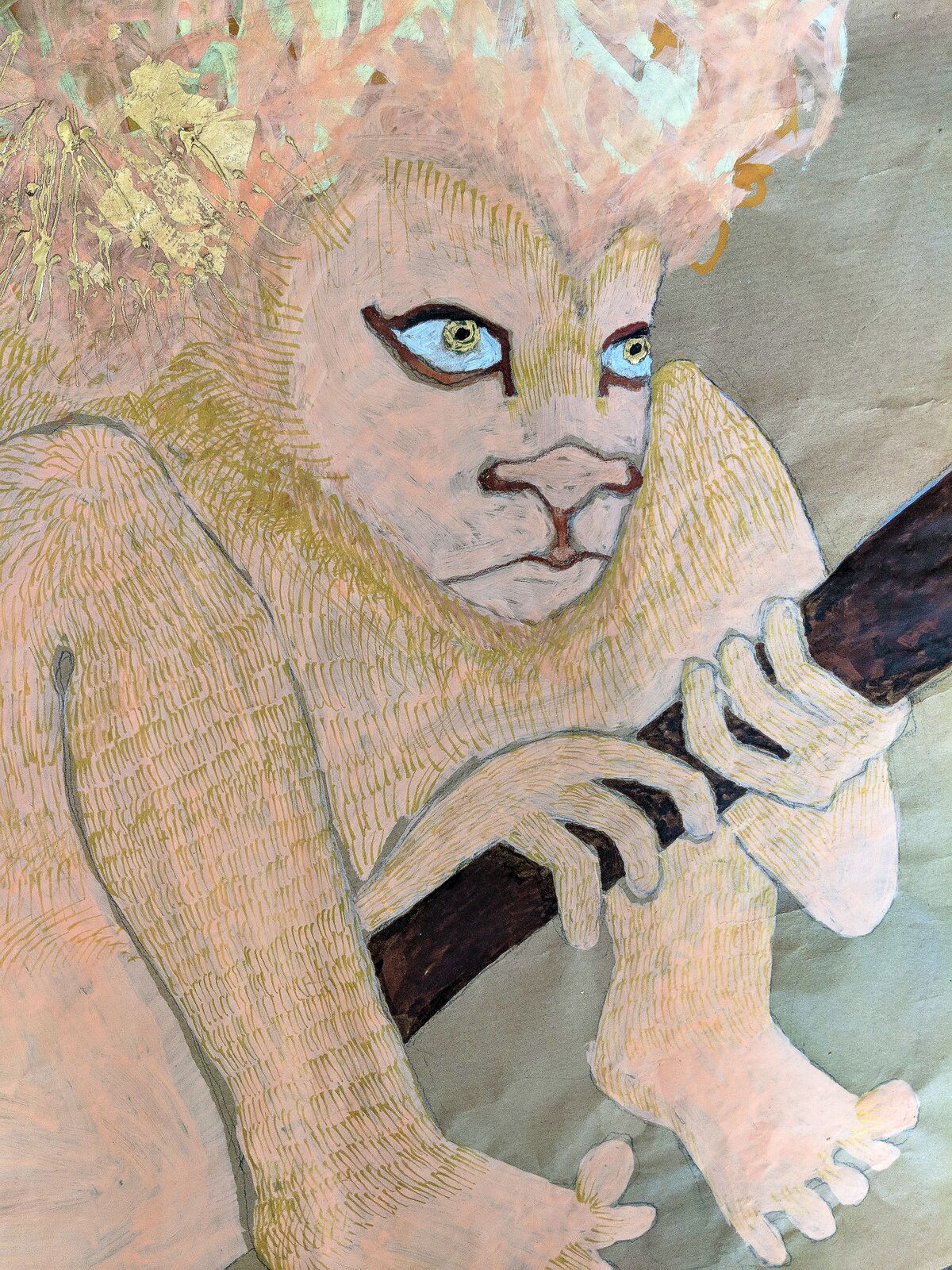 Lion with gilded fur and human-like hands and feet