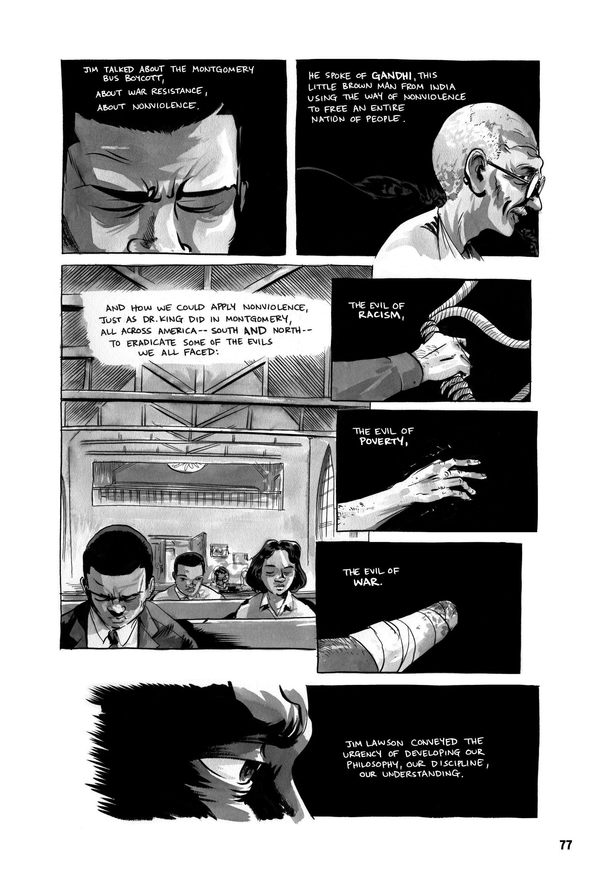 Several comic book style drawings about ending the evils of racism, poverty, and war
