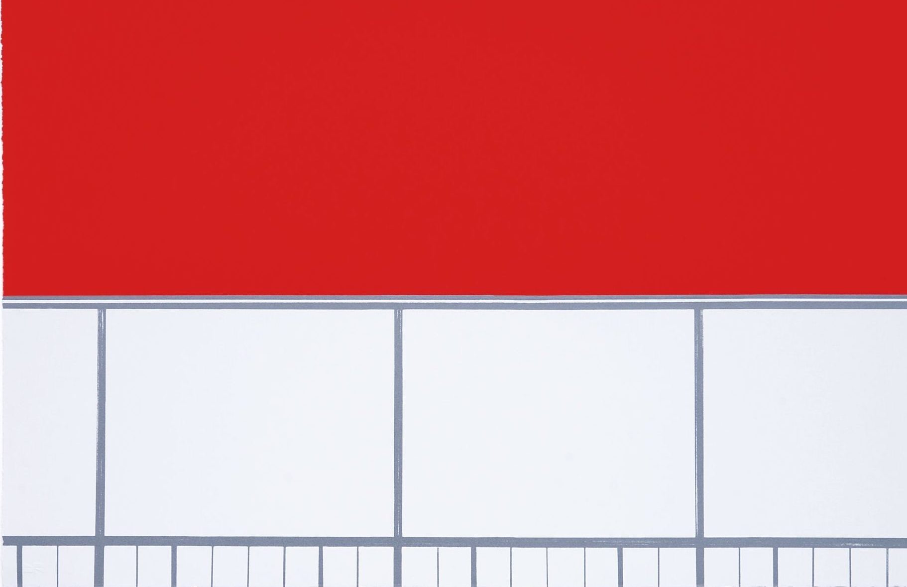 red colorblock above white squares and rectangles.