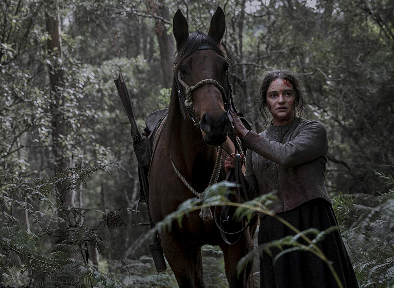 A women with dried up blood comforting a horse