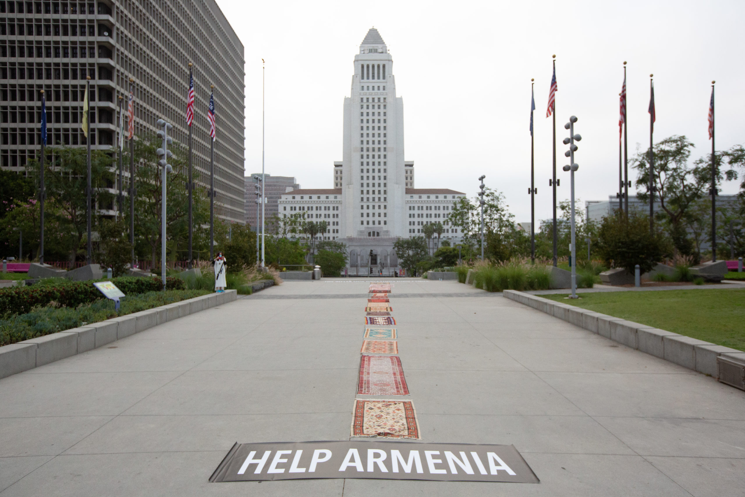 On the grounds of a government building, several small rugs are lined up vertically on the sidewalk and there is a black and white sign that reads 