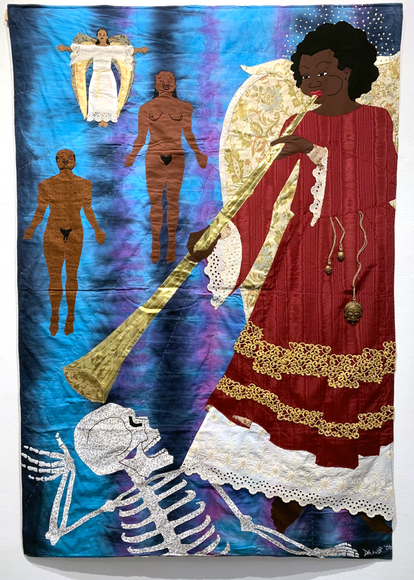 A Black angel in ornate red dress set upon a deep blue and purple background playing a long gold trumpet, two naked people float towards heaven, a skeleton looks up from bottom of tapestry