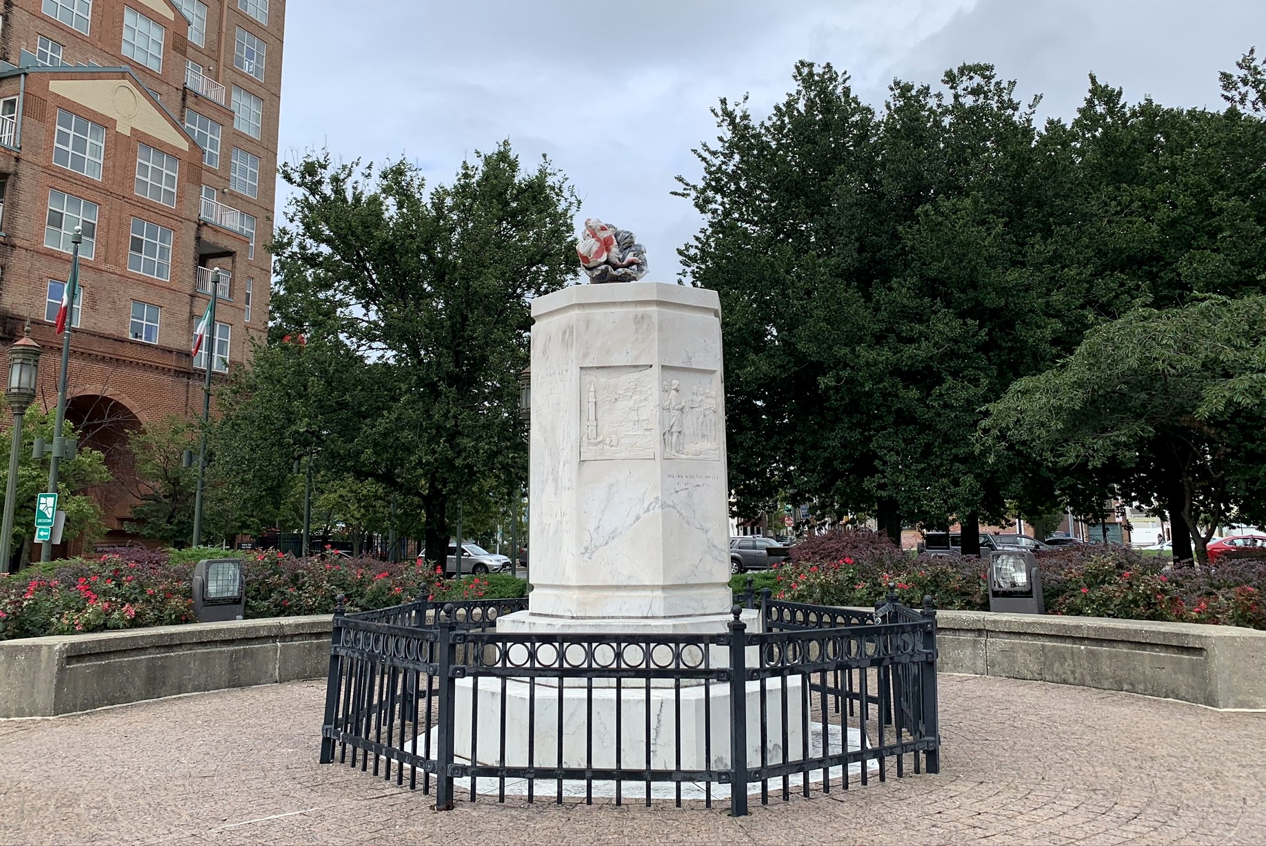 Remaining plinth of Christopher Columbus monument in Baltimore