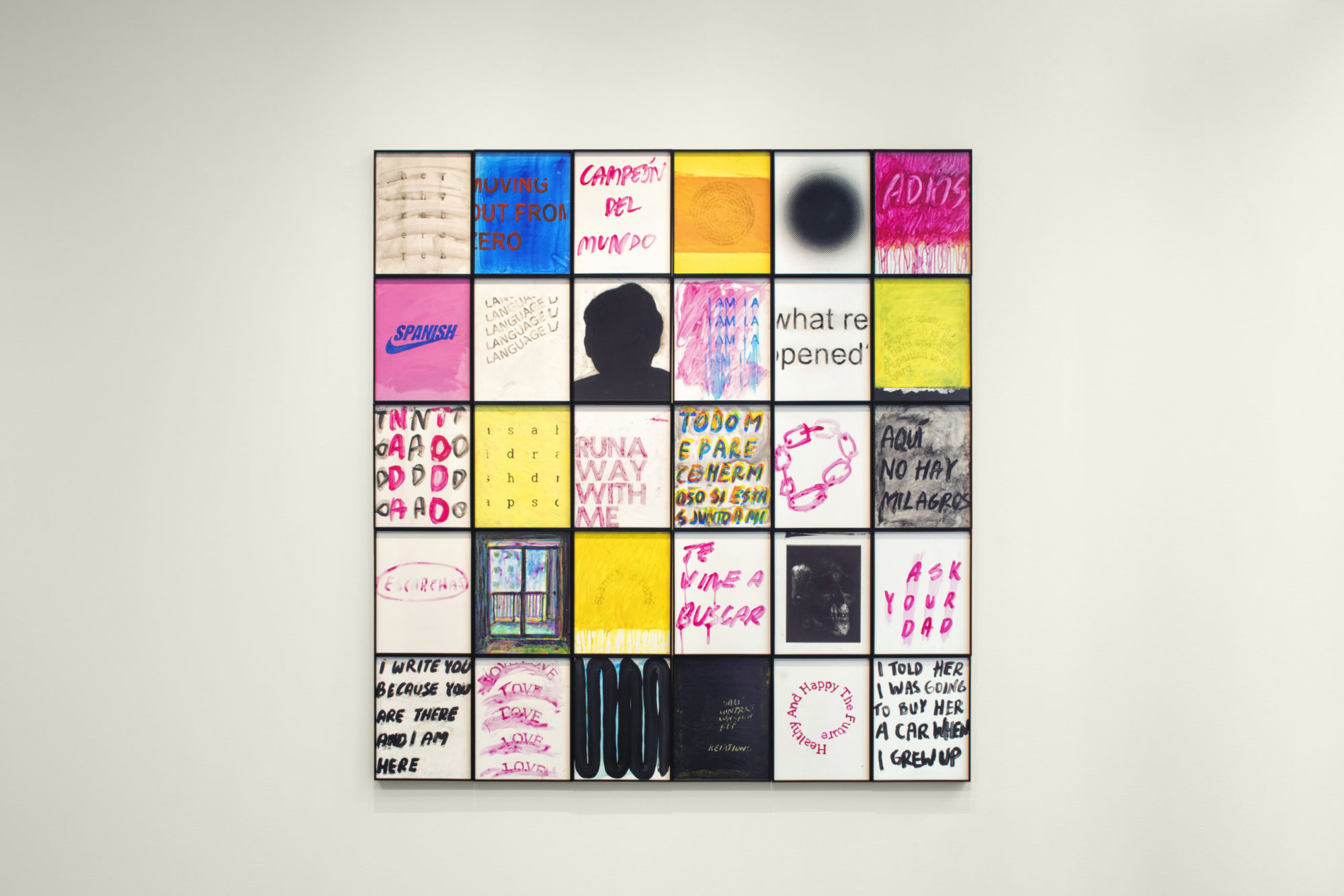 Five by six grid of small mixed-media works with combination of black, pink, orange, and green abstract, painted designs, and Spanish and English text