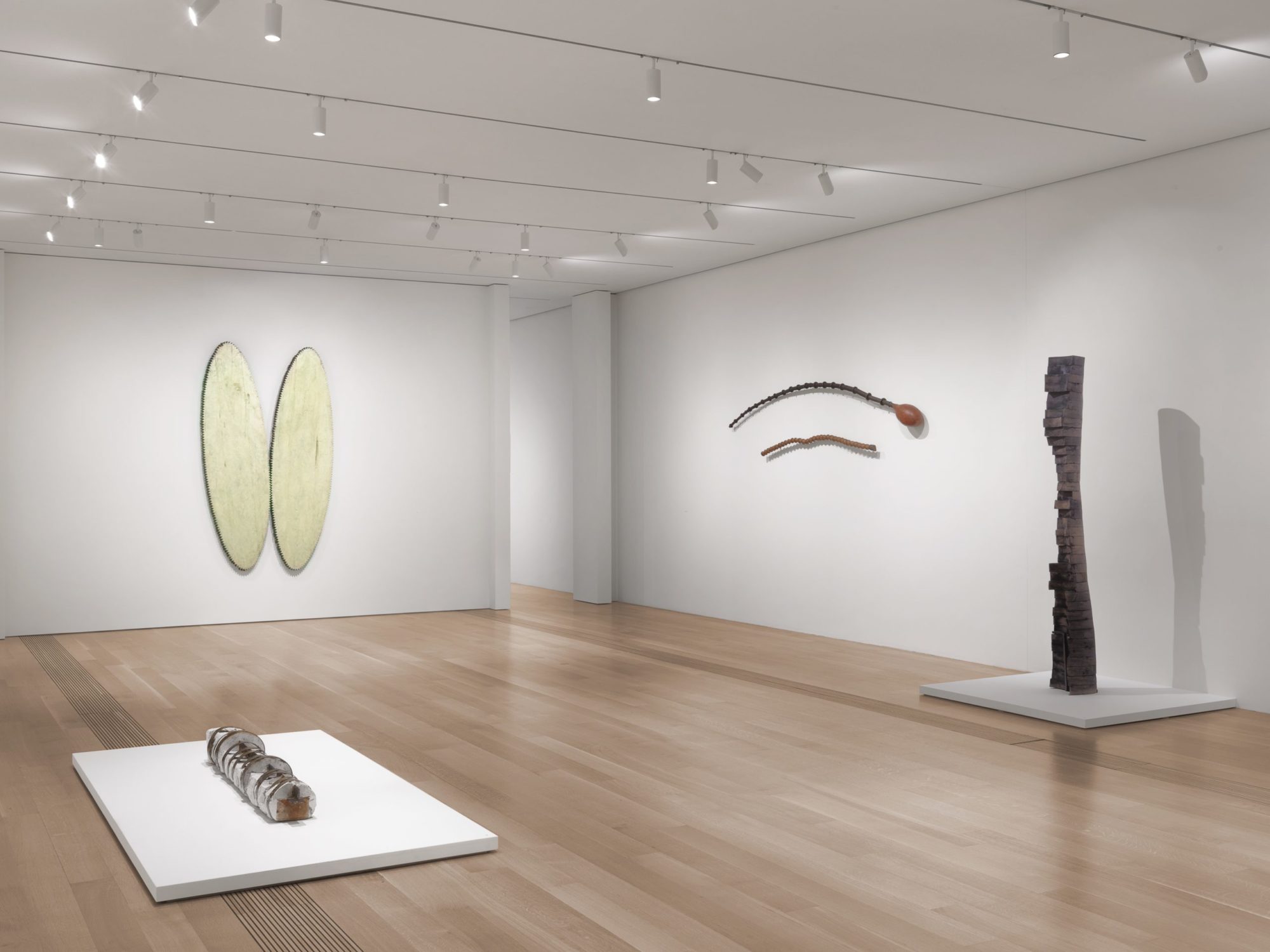 On a white podium in the middle of a wooden gallery floor which shows a row of circular pieces of wood covered in metal and light pigment. On the wall behind this sculpture is a pair of cream white oval shaped 