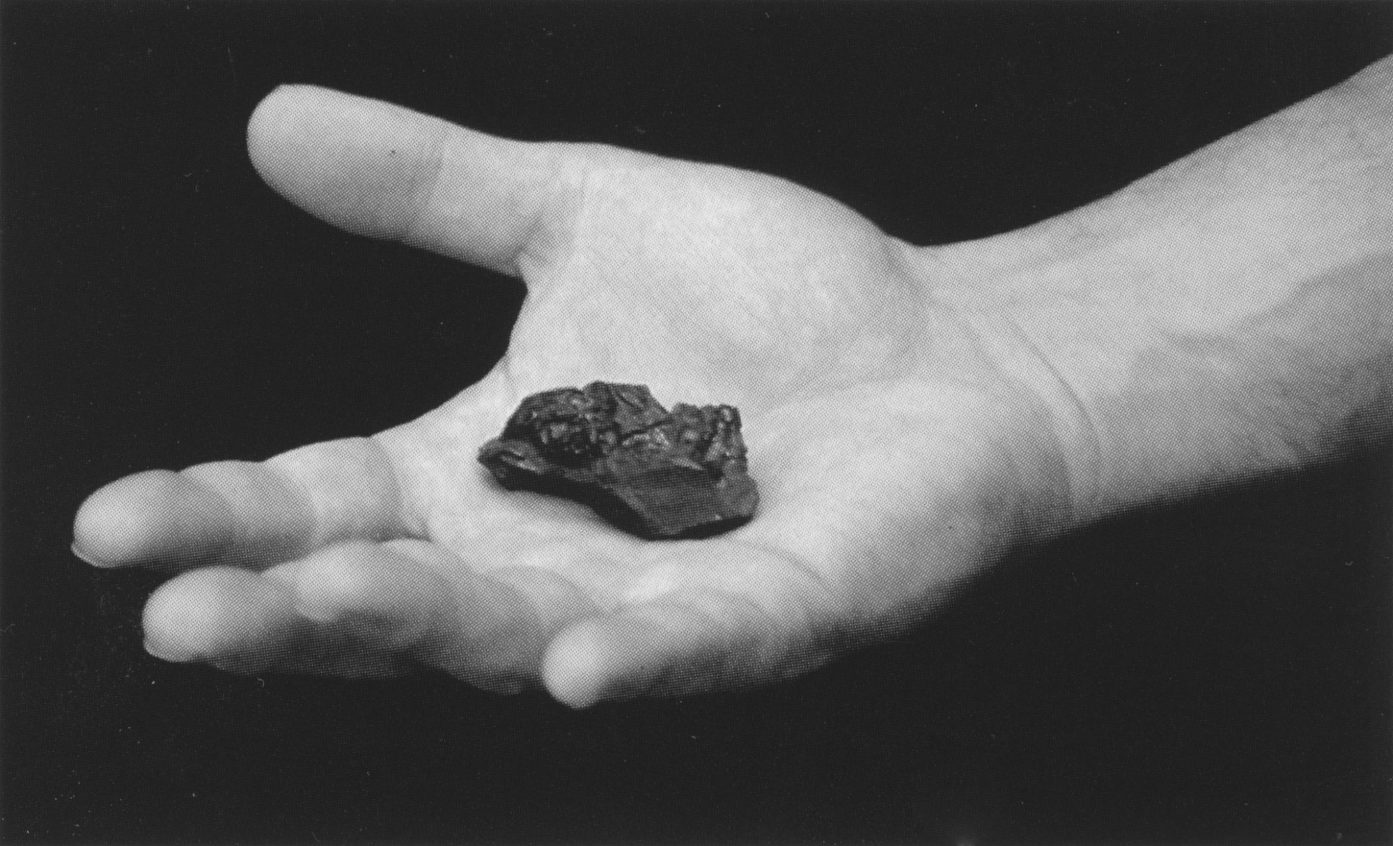 A close up image of a hand holding a piece of black rock in it's wide open palm.