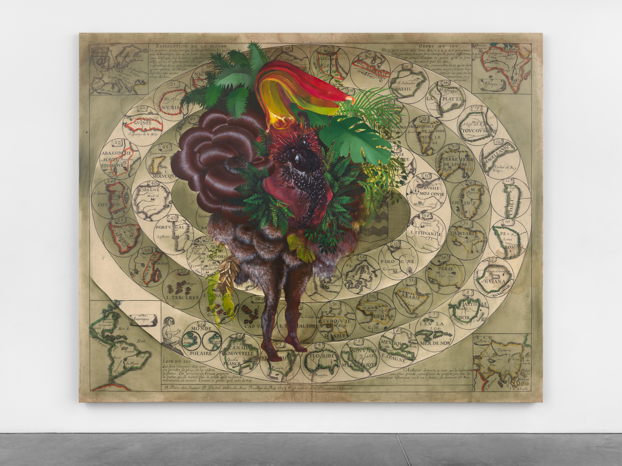 An oil and acrylic painting on a printed canvas which shows a colorful floral and feathered ciguapa figure painted atop a print of the 1645 geographical game “Le Jeu du Monde