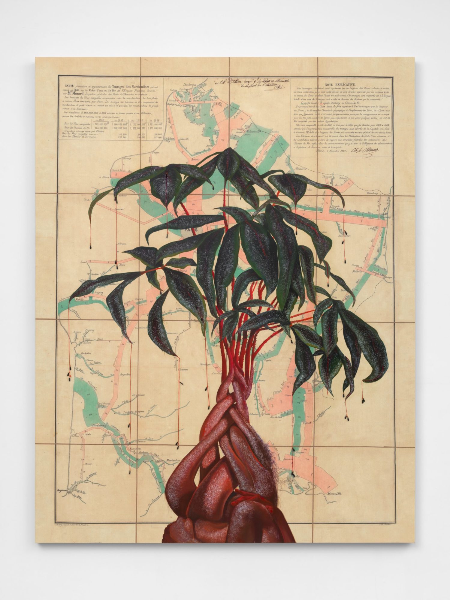 An oil and acrylic painting of green foilage with red interwoven roots which reach the bottom of the canvas. The painting is atop a printed map of French railways and waterways in 1856.