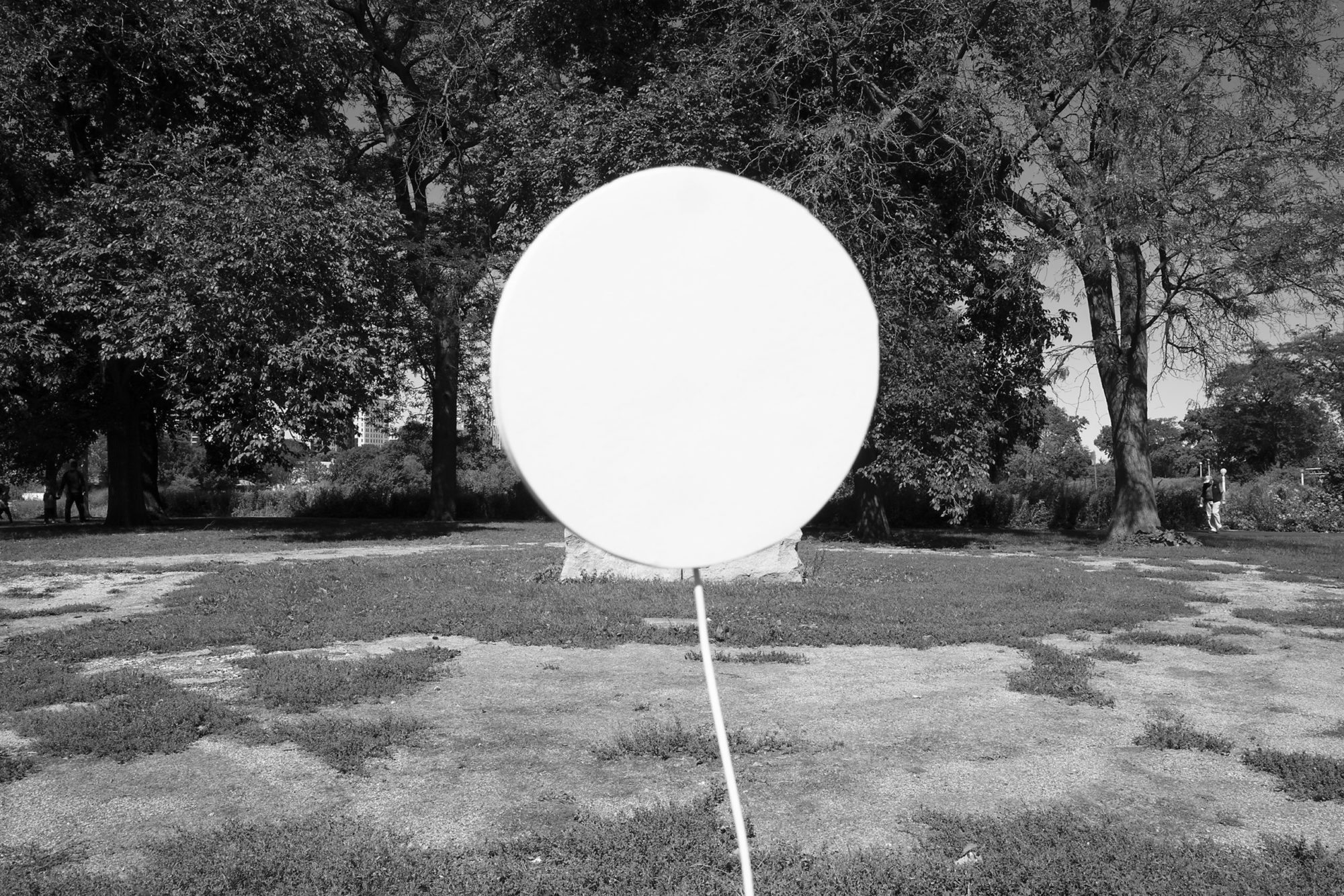 Blurry, white circular shape on a pedestal at the edge of grassy field