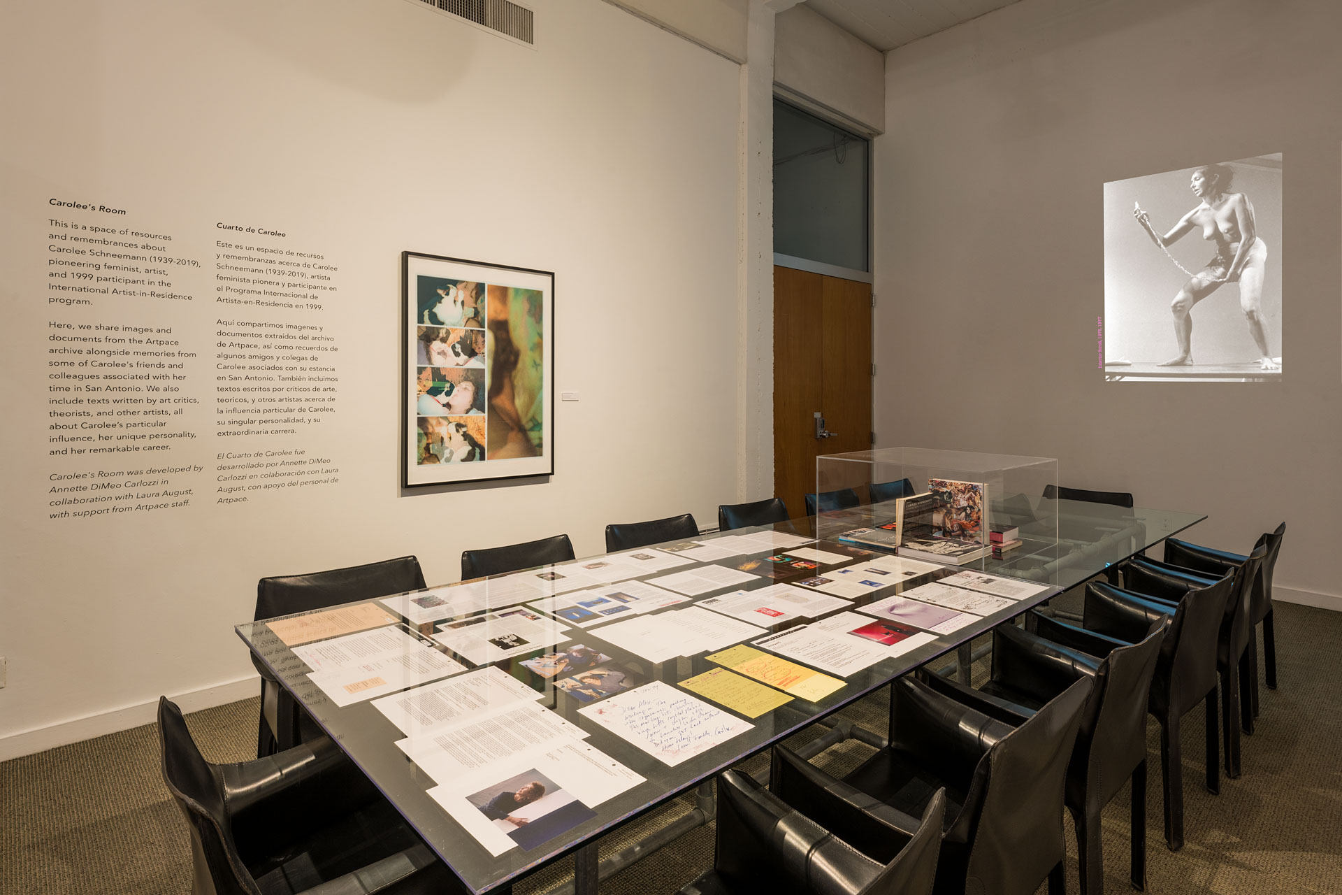 Carolee's Room, which includes a table covered in photocopied letters and texts by Carolee Schneemann with a glass box exhibiting sketches and art materials on the table. On the wall is a projected still image of Schneemann performing 