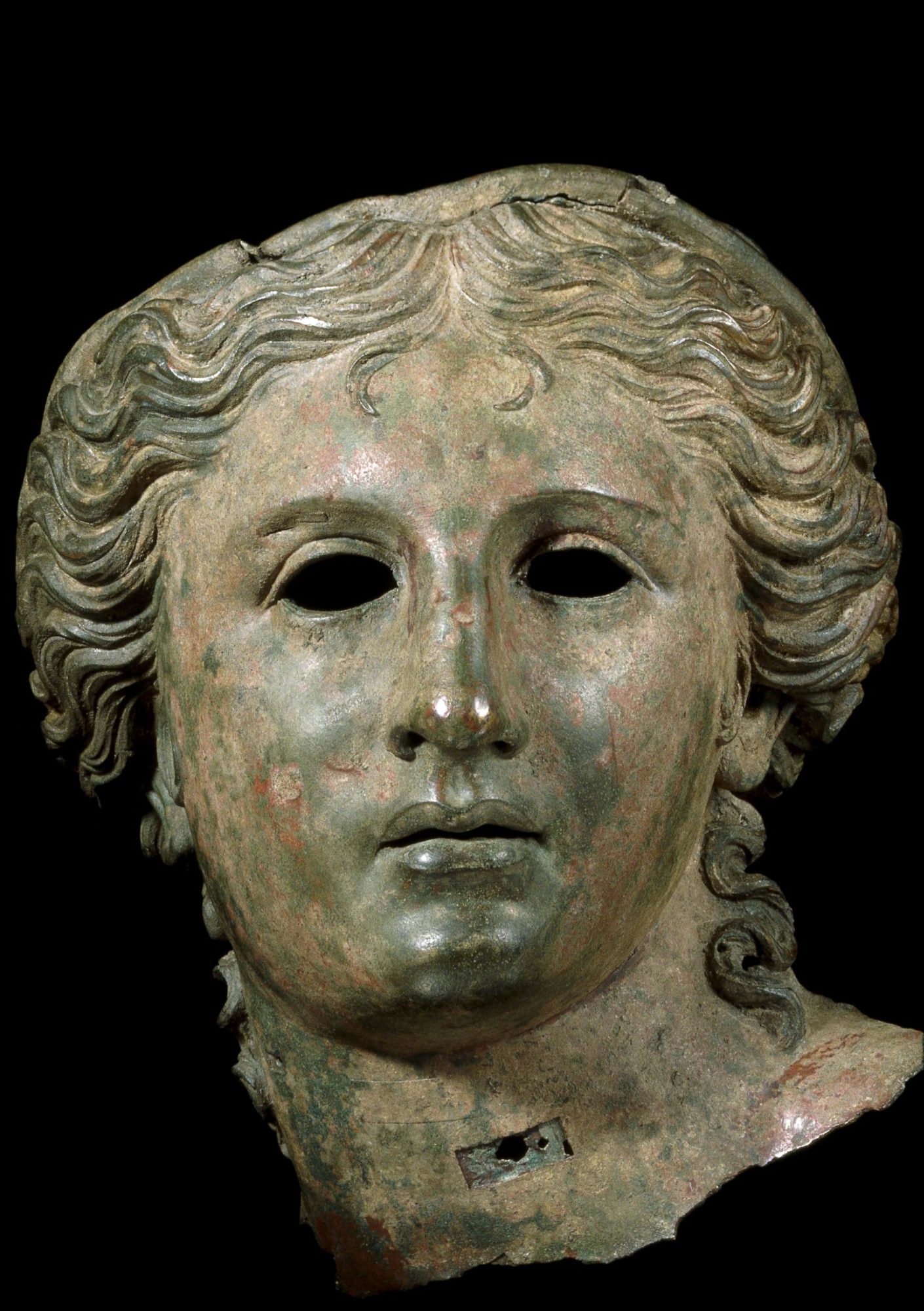 Front profile of bronze bust of a goddess Anahit, faded into light brown and gray.