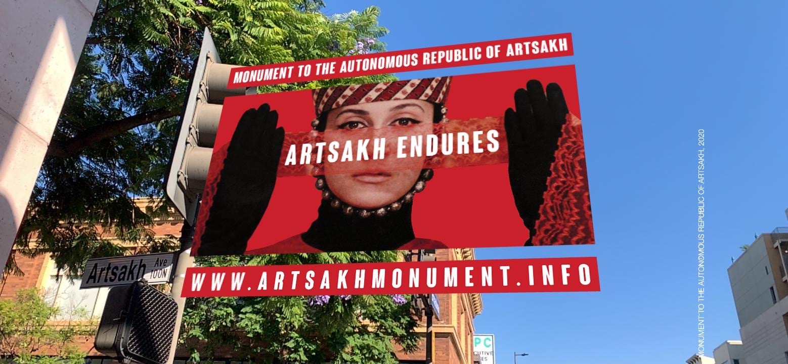 Photo of large virtual display that shows a still from Sergei Parajanov’s film The Color of Pomegranates which shows a woman wearing black gloves staring forward into the camera through a strip of red lace. Over this image is white text stating 