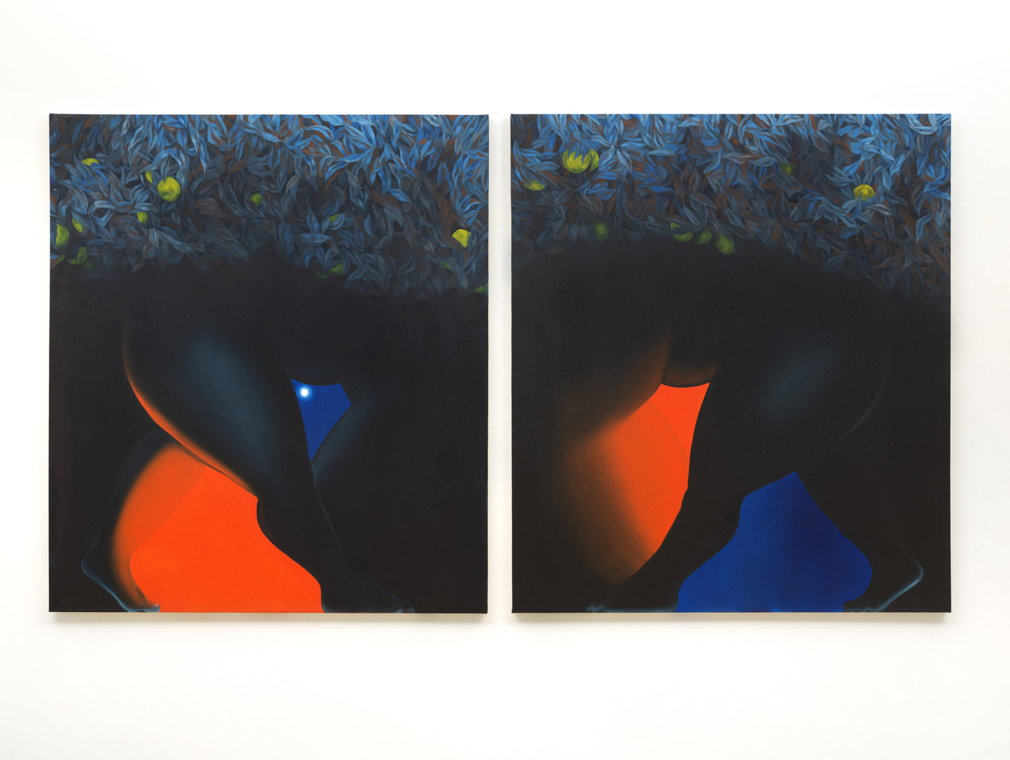 Diptych of bent figures, while they both appear to be mirror images since they face towards the left/ right, the left composition has more orange and the right is more blue. The top of the composition is shrouded by leaves. Oil on canvas