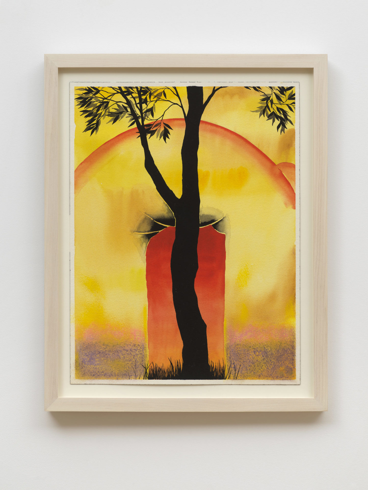 A silhouette of a tree and grass are in the foreground while the background is shades of yellow and pink. There is a red archway near the top of the tree. Acrylic paint and pastel on paper.