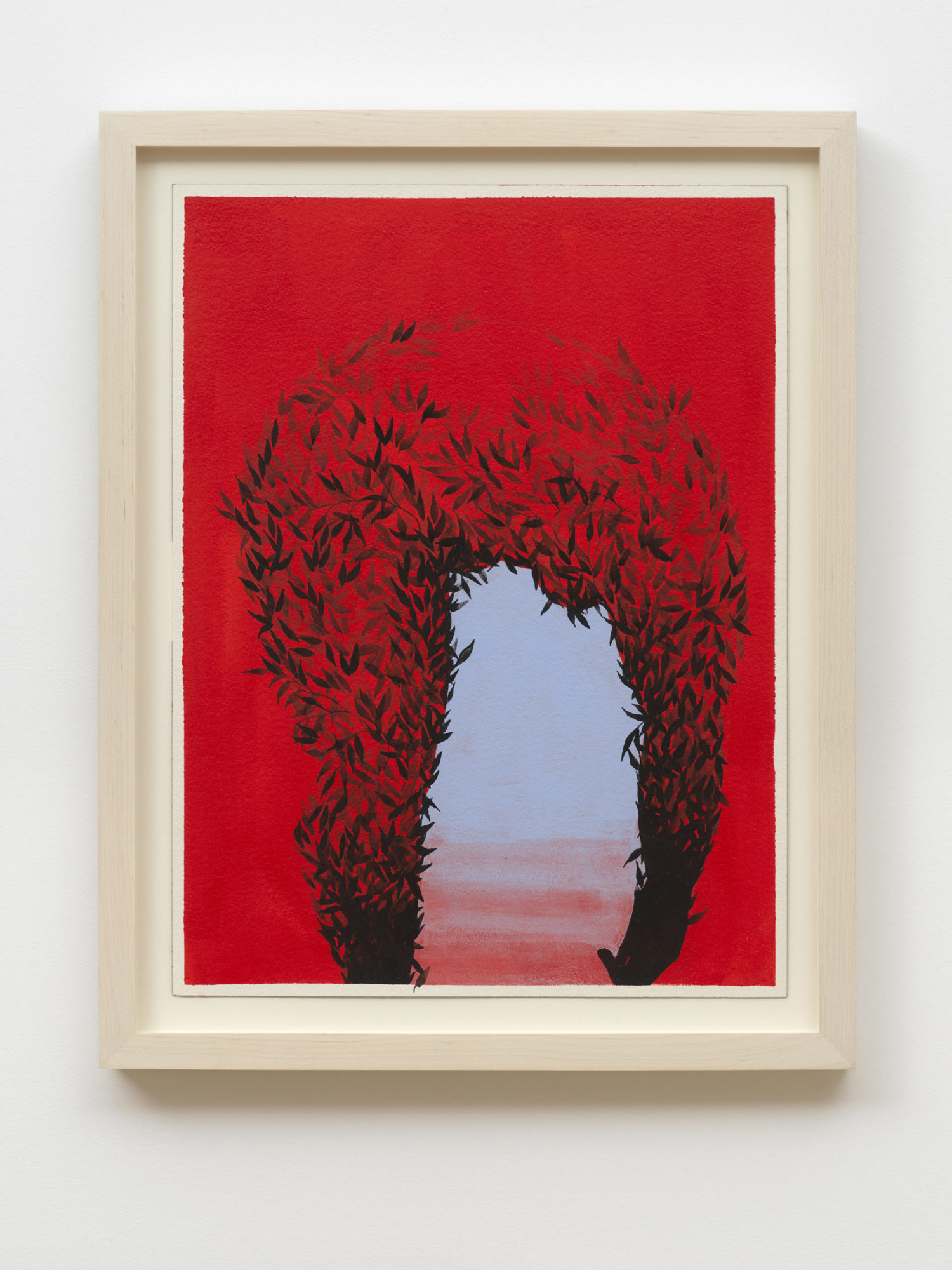 The bent, red figure is made up of silhouetted leaves. The body creates an archway and under is light blue while the rest of the composition is a similar shade of red.