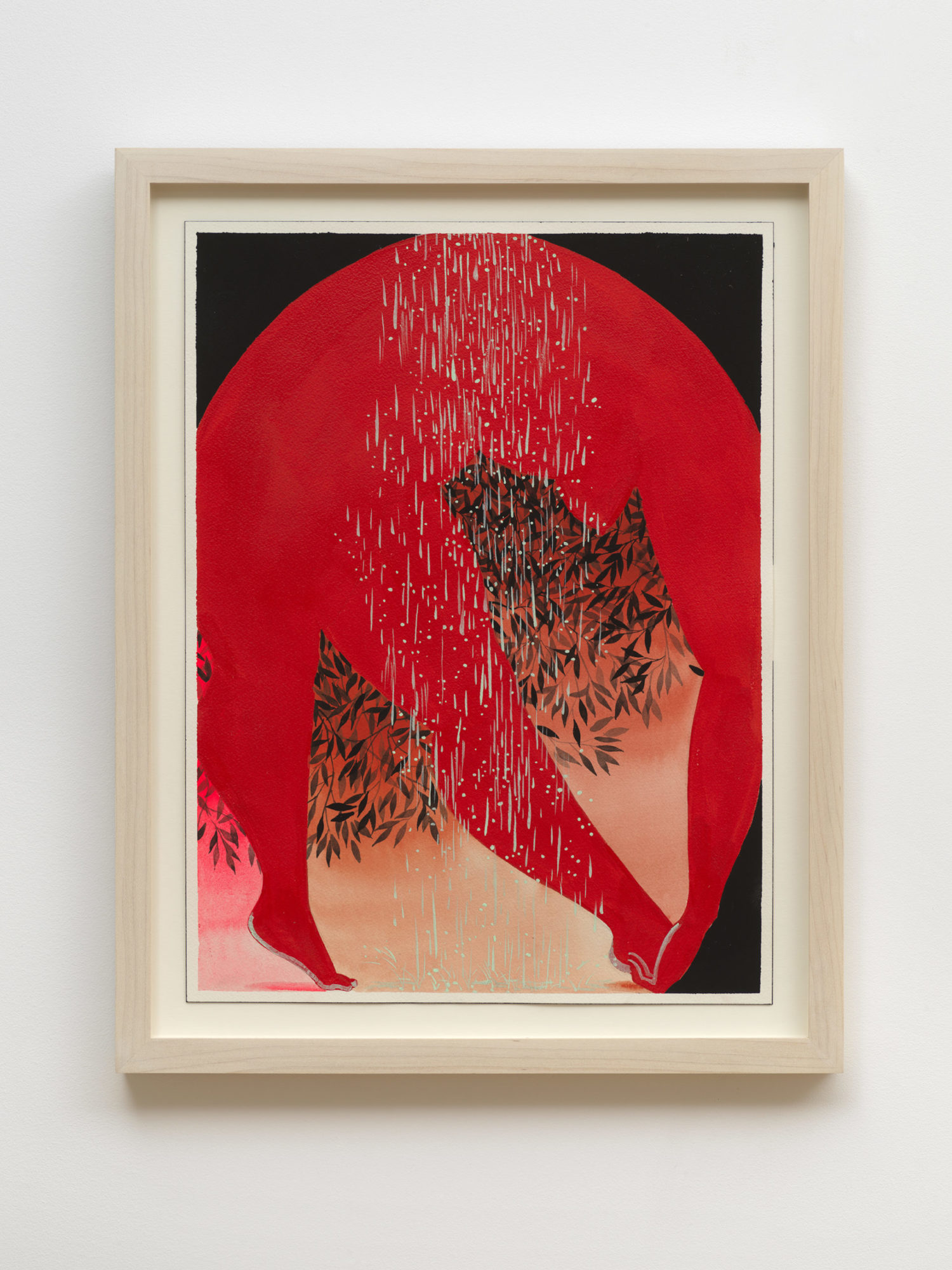 a bent red figure is touching their toes. The area around the figure that does not touch the sides of the piece are black, while the space under the figure is lighter oranges and pinks with silhouetted leaves. There is simulated white rain directly in the middle third of the composition falling vertically. Watercolor, acrylic paint, and gouache on paper.