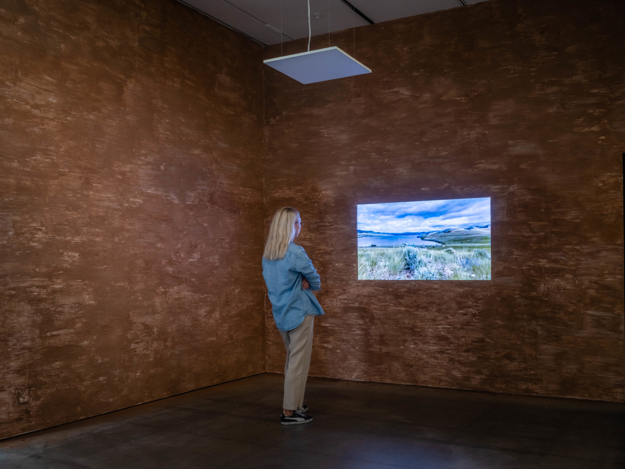 An image of a woman regarding a projection of a landscape with a lake surrounded by a meadow under a cloudy sky — a partial view of the Syilx (Okanagan) Nation’s territory — in a gallery room with brown, wooden walls