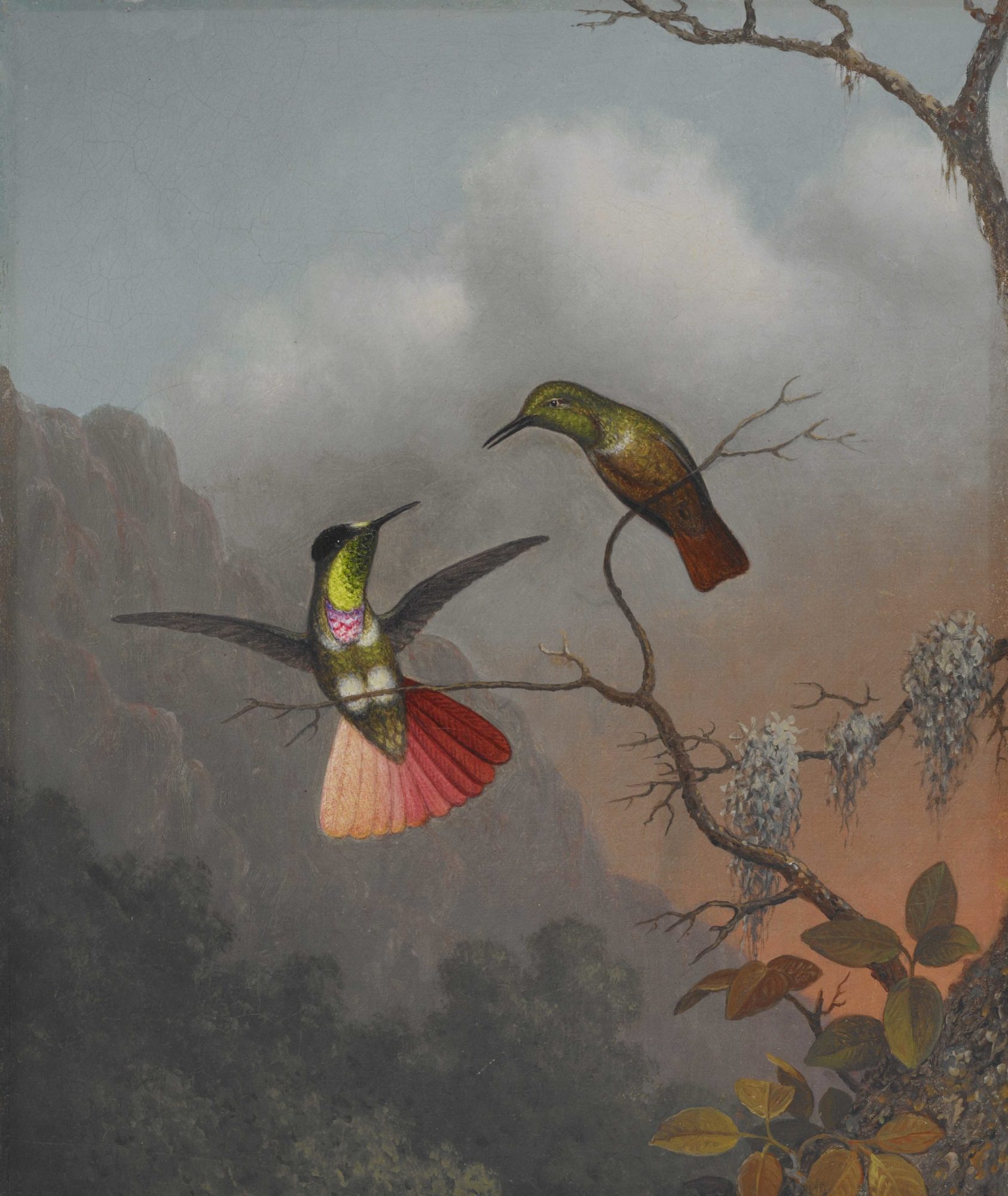Oil painting of two hummingbirds. The one on the right sits perched on a high small branch, the adjacent one on a close lower branch and both face each other.
