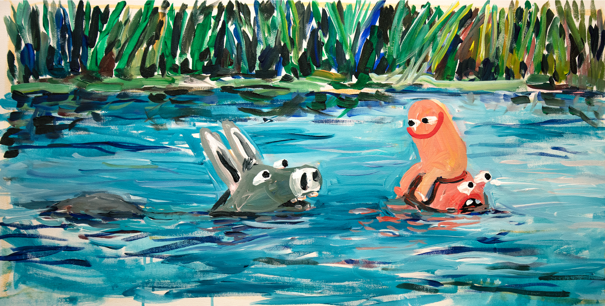 Acrylic on canvas shows a small pink humanoid smiling at a swimming donkey from their perch on a larger humanoid who is half-submerged in water