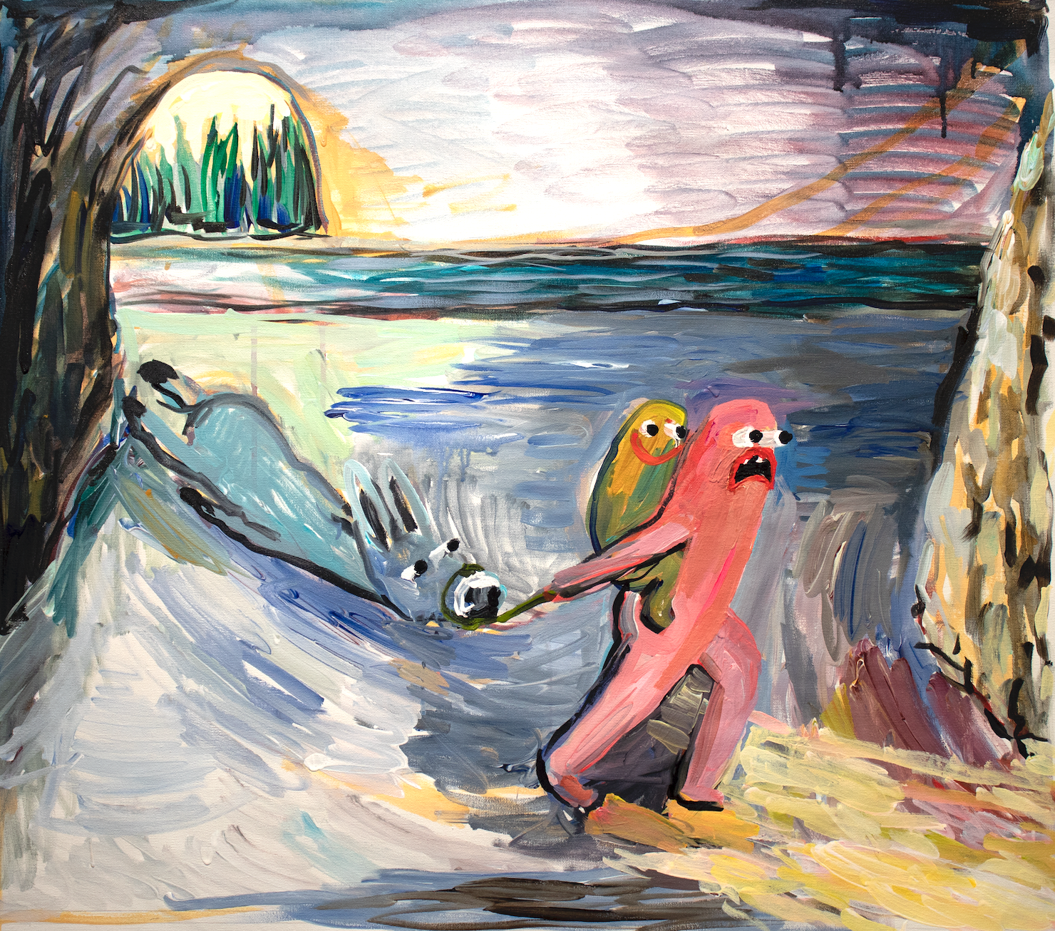 Acrylic on canvas depicts abstract pink humanoid carrying smaller yellow humanoid on back and dragging gray donkey by the nose; in the distance, as if through mouth of a cave, pine trees are visible
