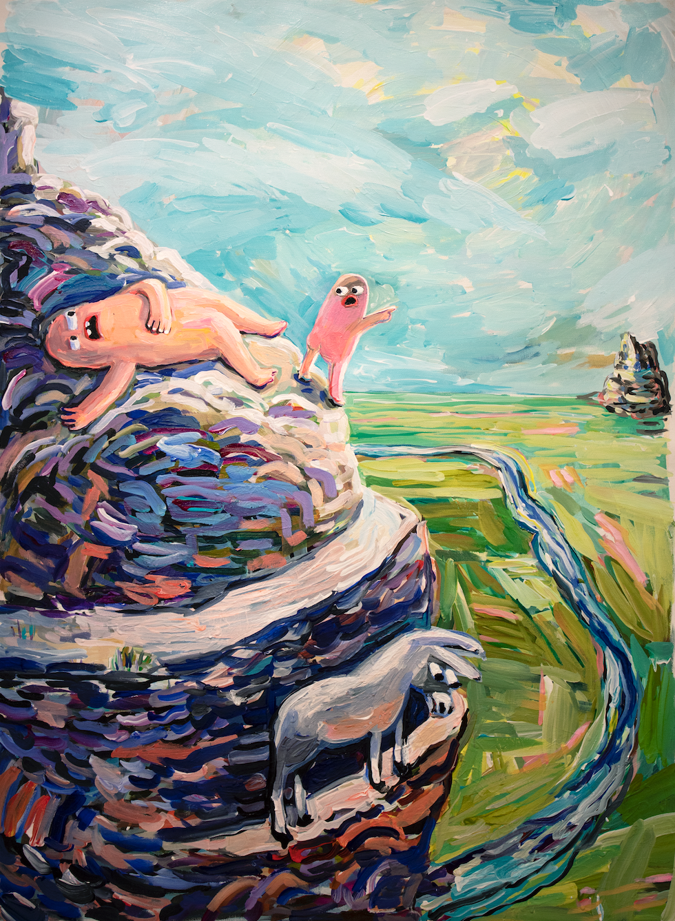 Acrylic on canvas shows pink humanoid laying down with mouth open on side of jagged mountain as smaller humanoid points into distance; gray donkey stands lower down on mountain and blue sky and green field are in background