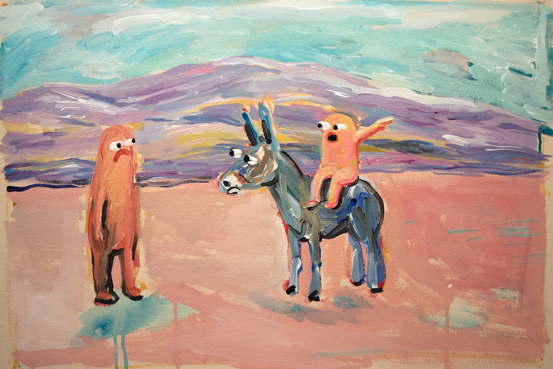 Acrylic on canvas depicts frowning pink humanoid facing smaller pink humanoid mounted on back of a donkey and pointing into distance; purple mountains and turquoise sky are in background